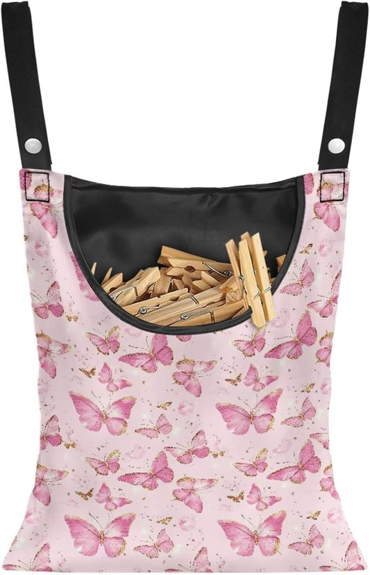 2 Pcs Butterflies Print Clothespin Bag for Clothes Pins Heavy Duty Outdoor Use, Laundry Clothesline and Clothes Pin Holder Clothespin Bag