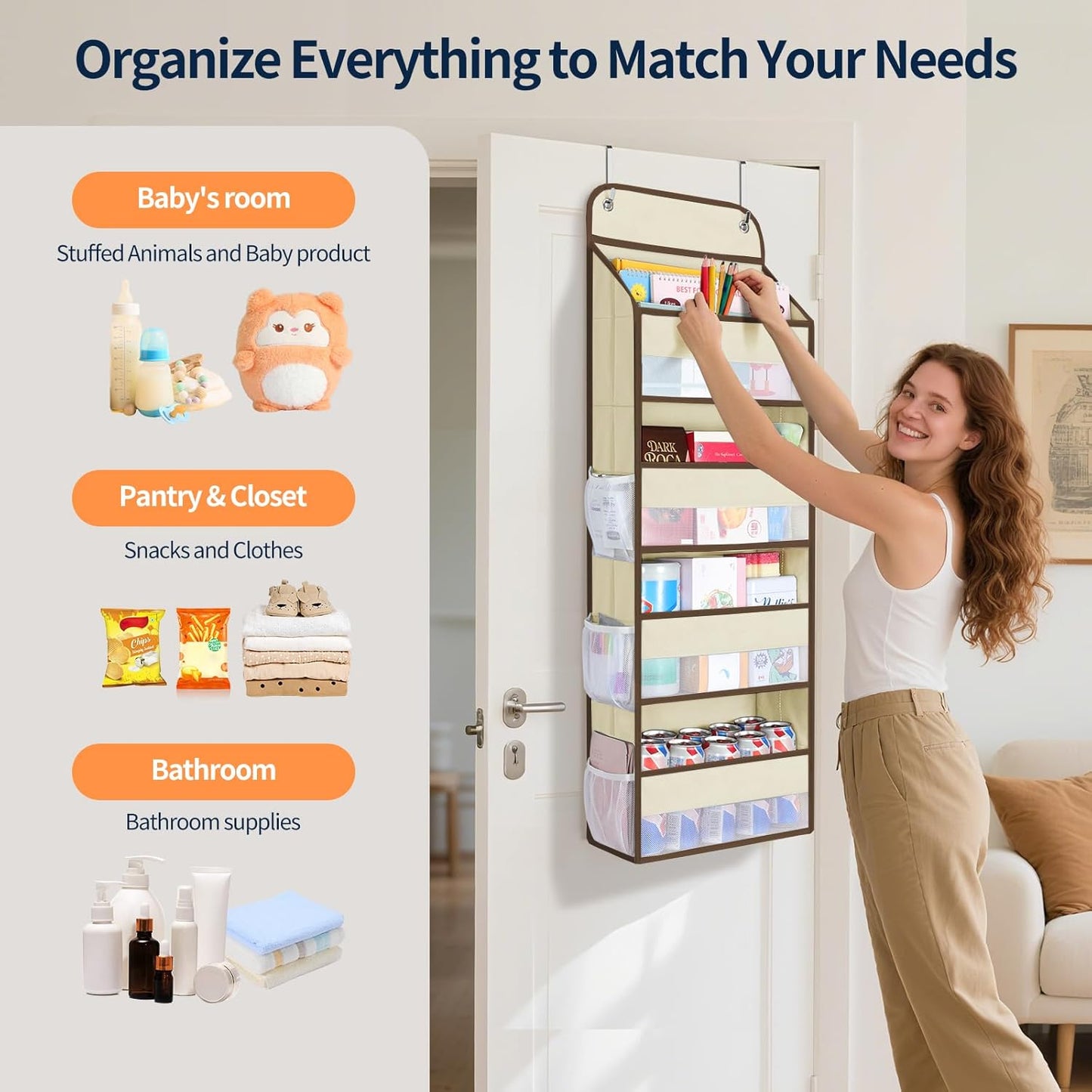 Yecaye Over The Door Organizer, Heavy Duty Hanging Organizers and Storage with 4 Large Capacity Pockets, Swing-Proof Behind The Door Storage for Bathroom Nursery Bedroom Dorm Closet, Beige