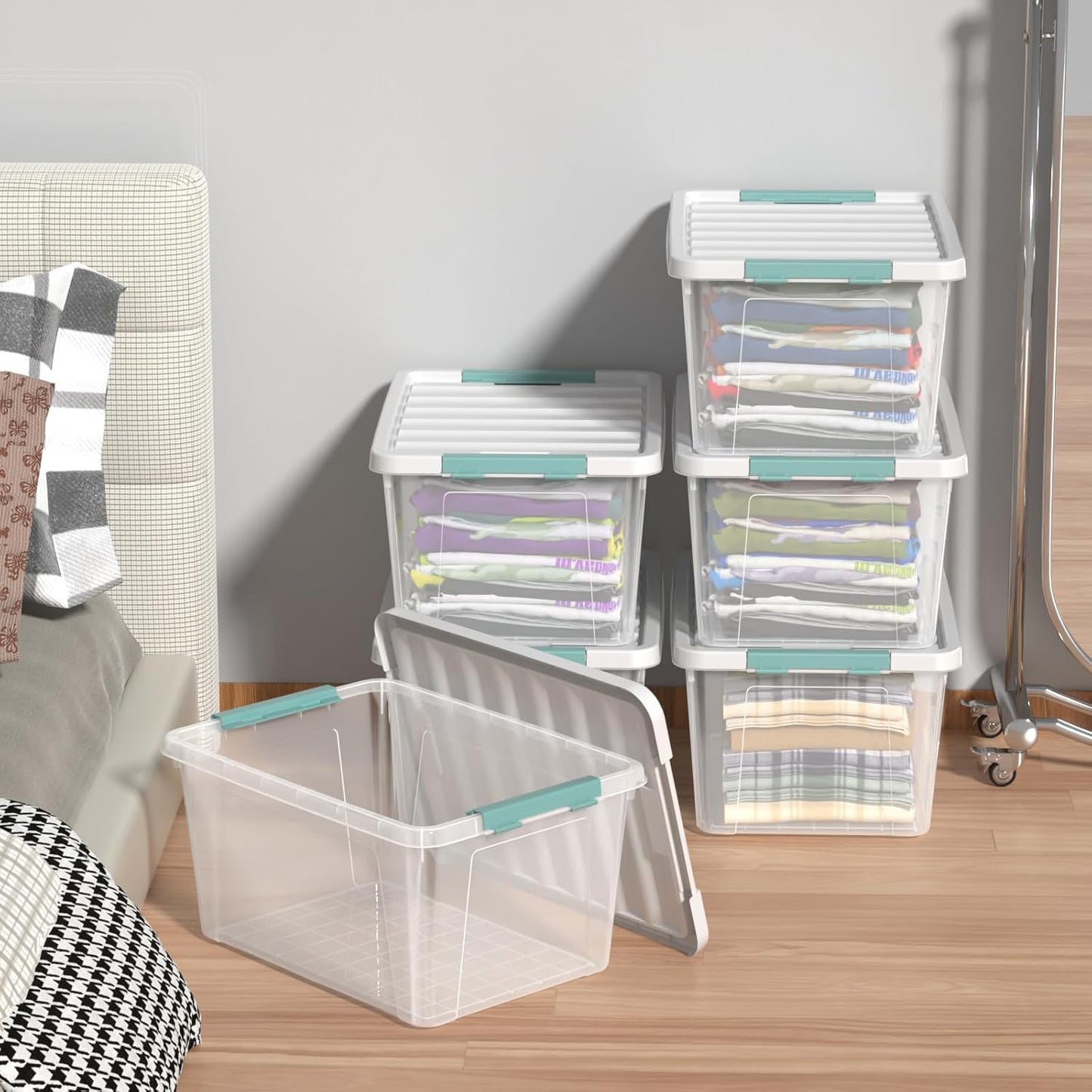 Zopnny 6-Pack 35 Quart Plastic Latch Storage Box with Lid, Stackable Latching Storage Bin, Clear