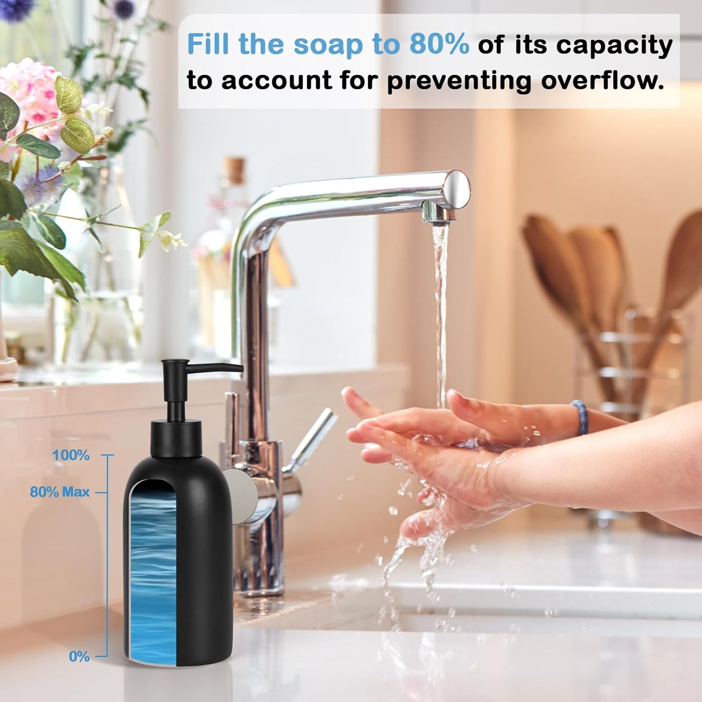 Natheeph 14OZ Ceramic Soap Dispenser Ceramic Soap Pump Dispenser Can Fill Liquid for Bathroom/Kitchen (2PC Black)