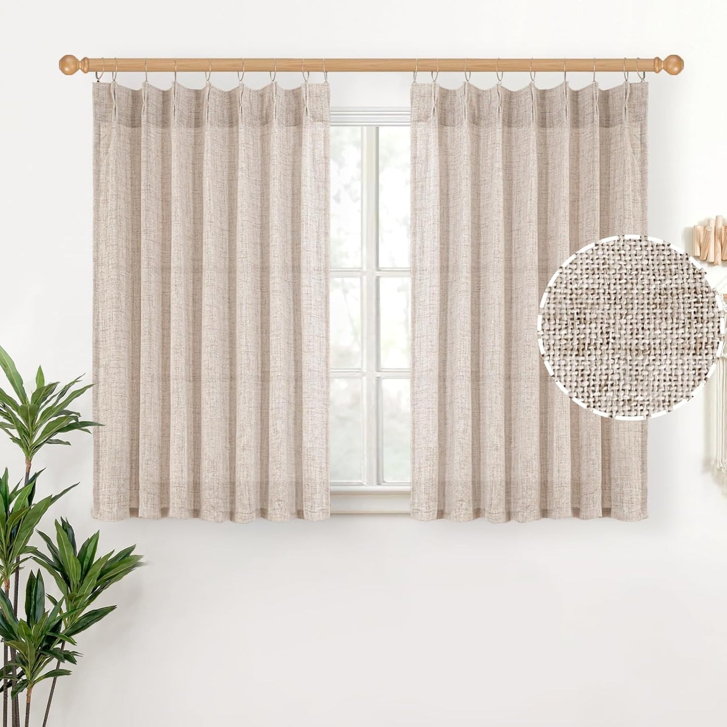 YoungsTex Short Natural Linen Curtains 45 Inch Length 2 Panels Pinch Pleated Light Filtering Textured Window Drapes for Bedroom Kitchen Cafe Privacy Back Tab, 40 X 45 Inch