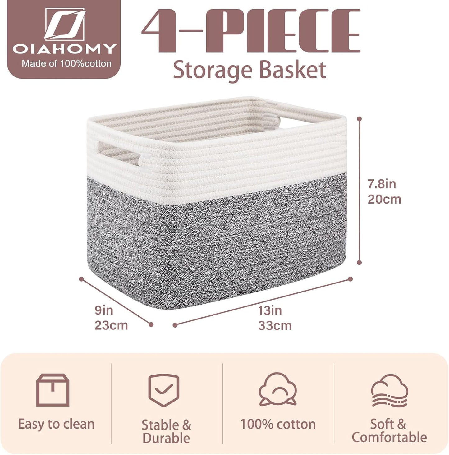 OIAHOMY 4 Pack Storage Baskets for Organizing, Basket for Shelves with Handle, Woven Baskets for Storage Toys, Towels, Books, Cotton Rope Basket 13" L x 9 " W x 7.8 " H, Grey & White