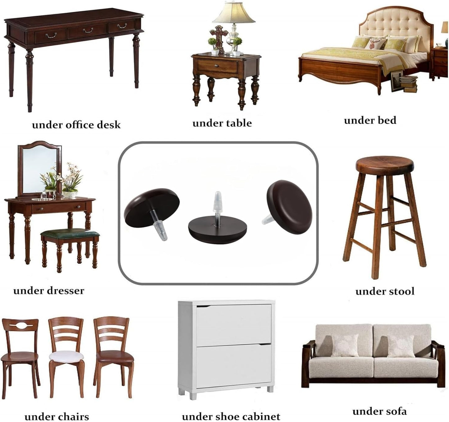 1" Nail on Furniture Sliders (24 Pack) - Furnigear Heavy Duty PTFE (Teflon) Chair Sliders Glides Wooden Furniture Movers Move Your Furniture Easily & Safety - Best Chair Leg Floor Protectors Brown