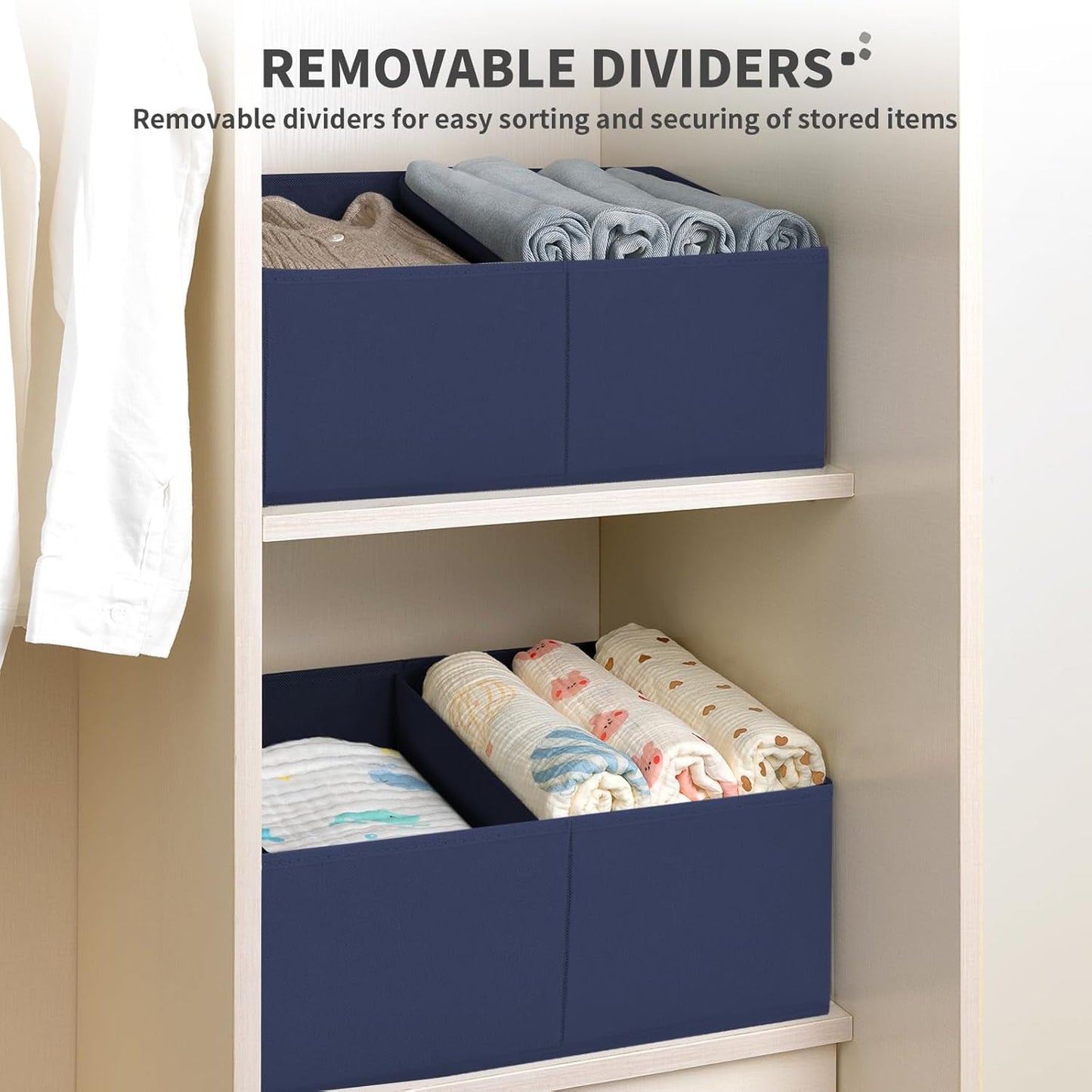DIMJ Large Closet Shelf Organizer Bins 6 Packs with Handles and Divider, Fabric Trapezoid Storage Baskets, Foldable Clothes Containers Box for Shelf, Towel, Book, Toy, Purse, Hats, Navy Blue