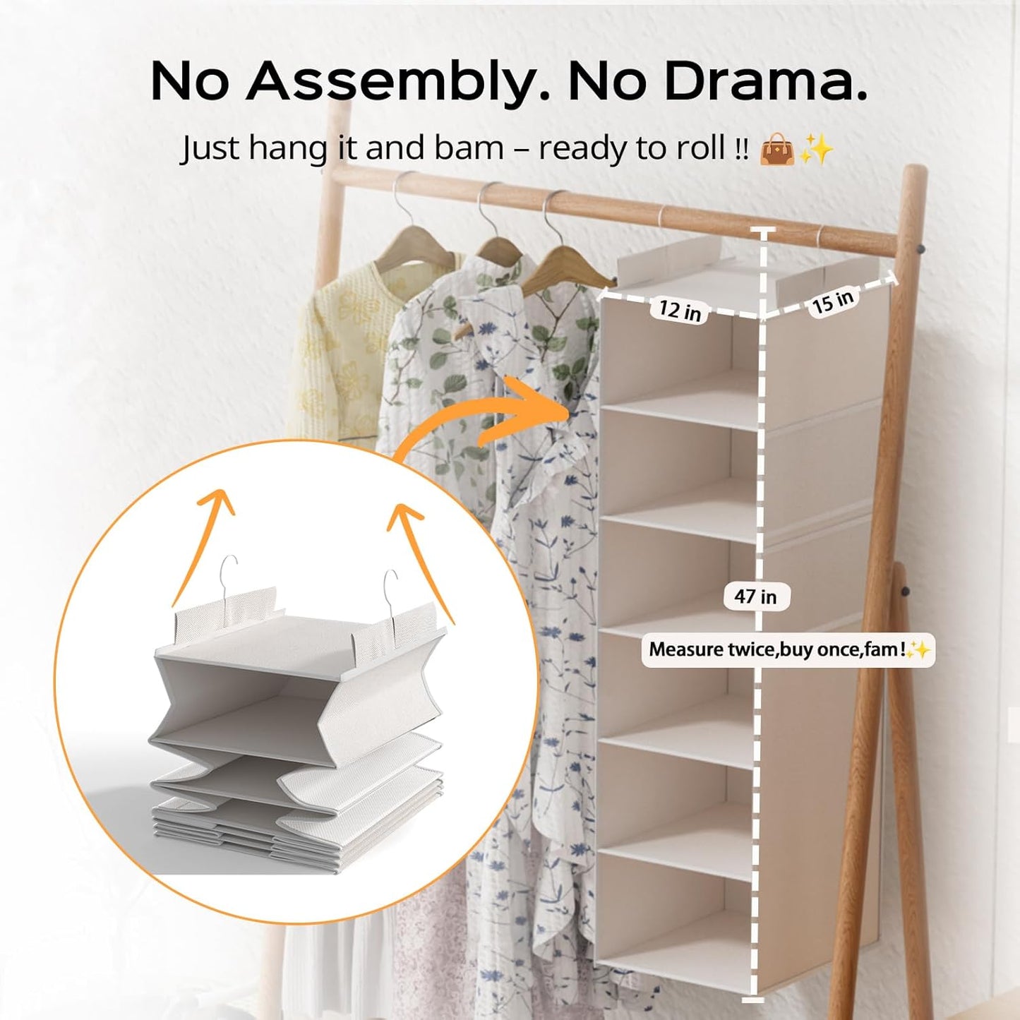 Extra Deep Hanging Closet Organizer with Shelves and Oversized Mesh Pockets, Heavy-Duty Structure, No Deformation, Max Storage for Clothes, Shoes, Hats, Dorms and RVs,1-Pack (White, 6 Tier)