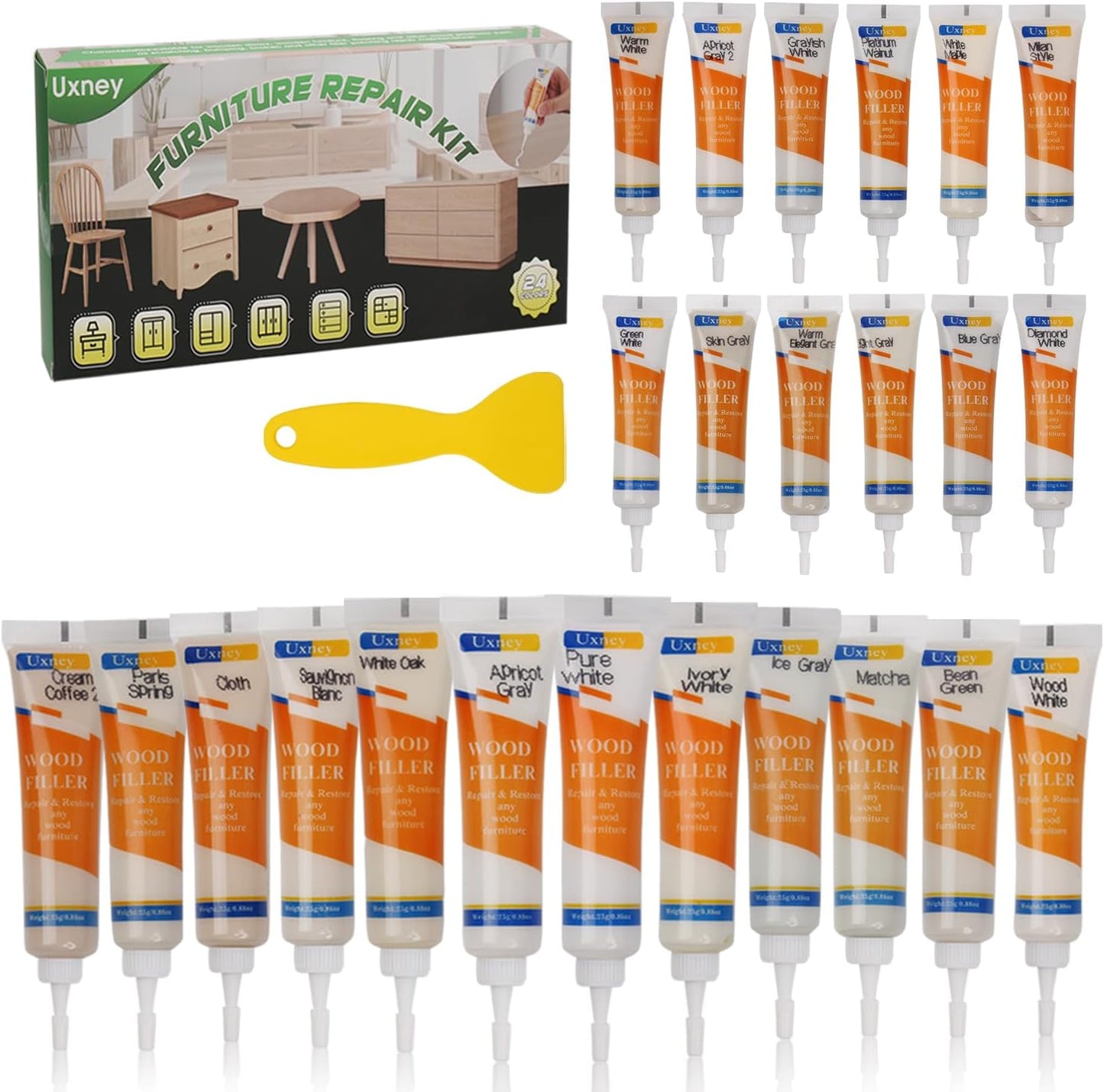 Wood Furniture Repair Kit,24 Colors Wood Fillers,Scratch Repair Covers & Removers for Repairing Scratches,Cracks,Dings and Holes in Cabinets, Cut Panels(White Series)