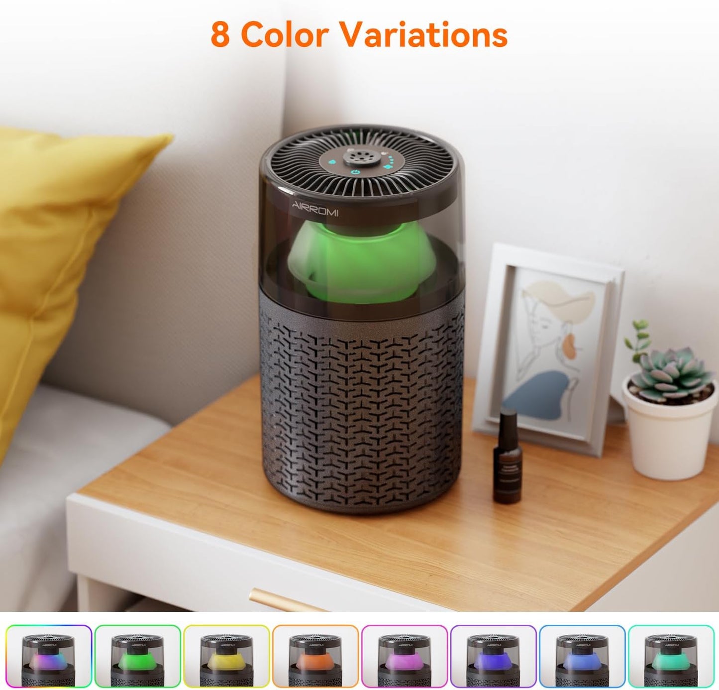 AIRROMI Air Purifiers for Bedroom Home,Up to 658 Ft²,Activated Carbon Filter Cleaner,With Fragrance Sponge for Better Sleep,Night Light,Pet Dander,Allergies,Smoke,Odor,Desktop Air Cleaner A2002 Grey