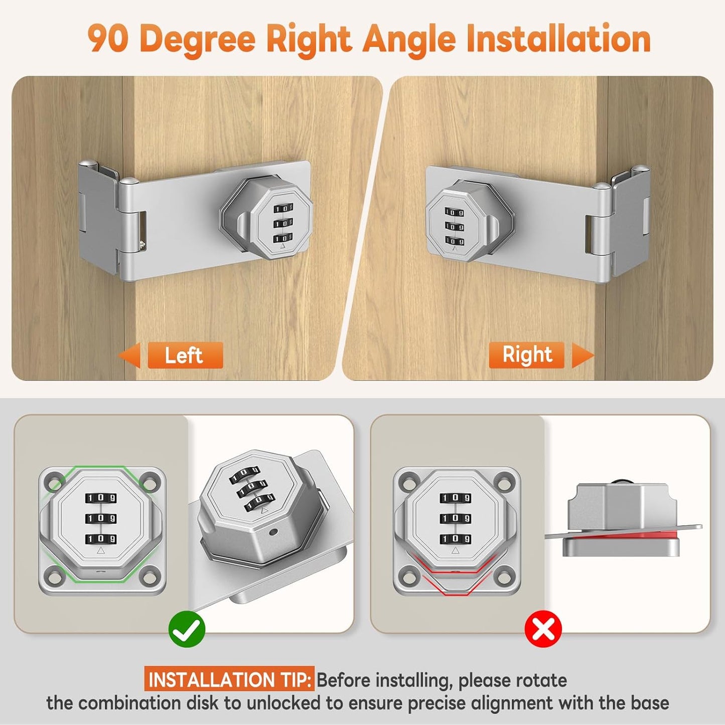 90 Degree 3-Digit Combination Cabinet Lock, Zinc Alloy Keyless Folding Hasp Lock Latch, Password Security Rotary Door Latch for Office File Cabinet, Drawer, Locker, Cupboard (2, Silver)