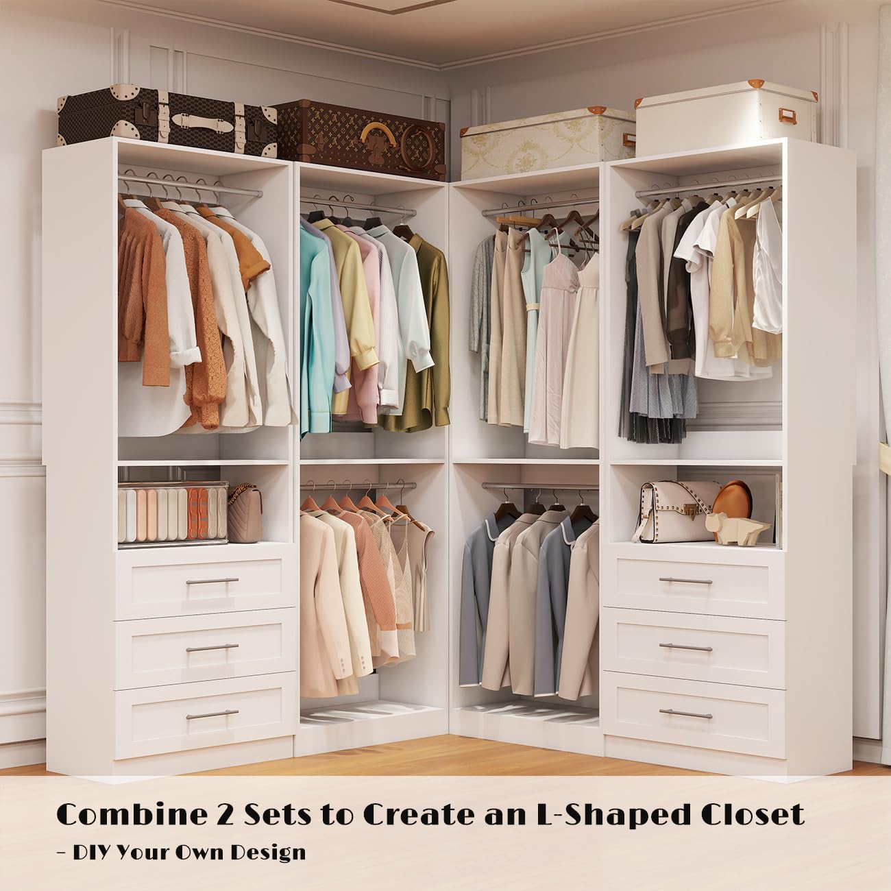 Closet System with 2 Sets, 4FT Closet Organizer Systems with 3 Wooden Drawers & 5 Hanging Rods, Walk in Closet Standalone Corner Closet System Modular Closet System Set White (4FT)