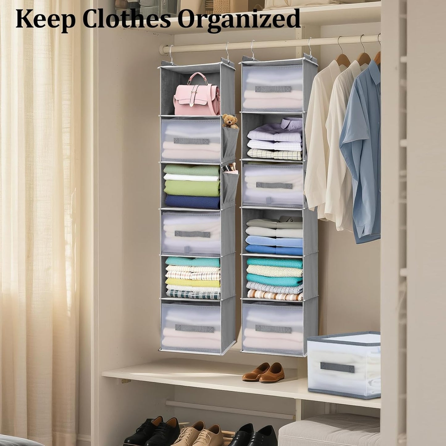 6-Tier Hanging Closet Organizer with 3 Drawers and Side Pockets – Multi-Functional Storage for Shoes, Belts, Purses, and Clothing