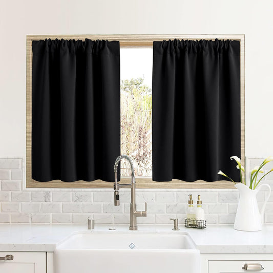 RYB HOME RV Camper Door Window Curtains -Blackout Privacy Curtains & Drapes for Bathroom Bedroom Kitchen Portable Travel Trailer Small Window Decor, W 34 x L 24, Black, 2 Panels