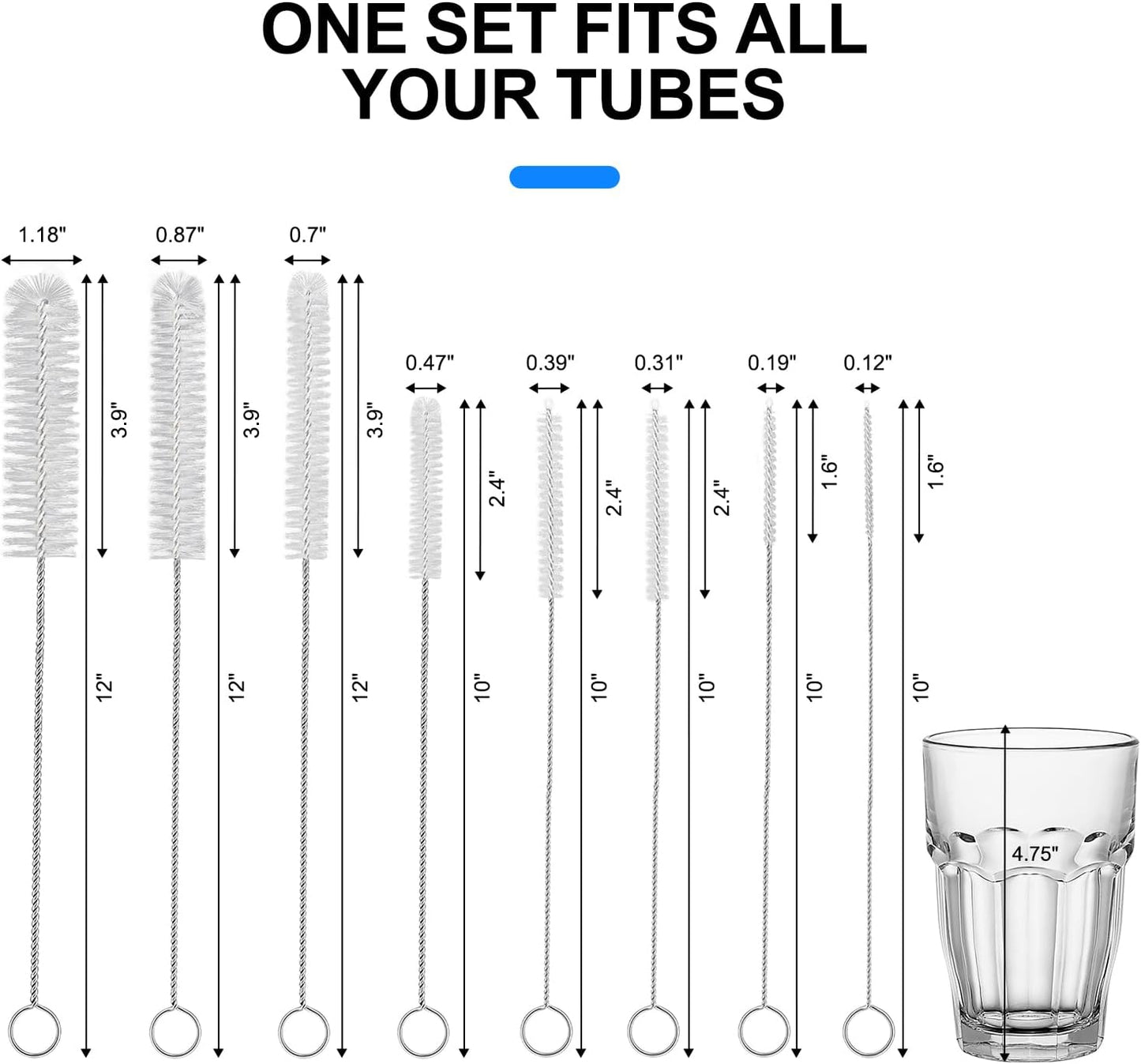 8 Pack Straw Brush Cleaner with Different Diameters (3mm-30mm) - 12" Long Nylon Brush for Water Bottles, Baby Bottles, Sippy Cups & Tumblers | Reusable Tube Cleaner for Straws and Narrow Pipes