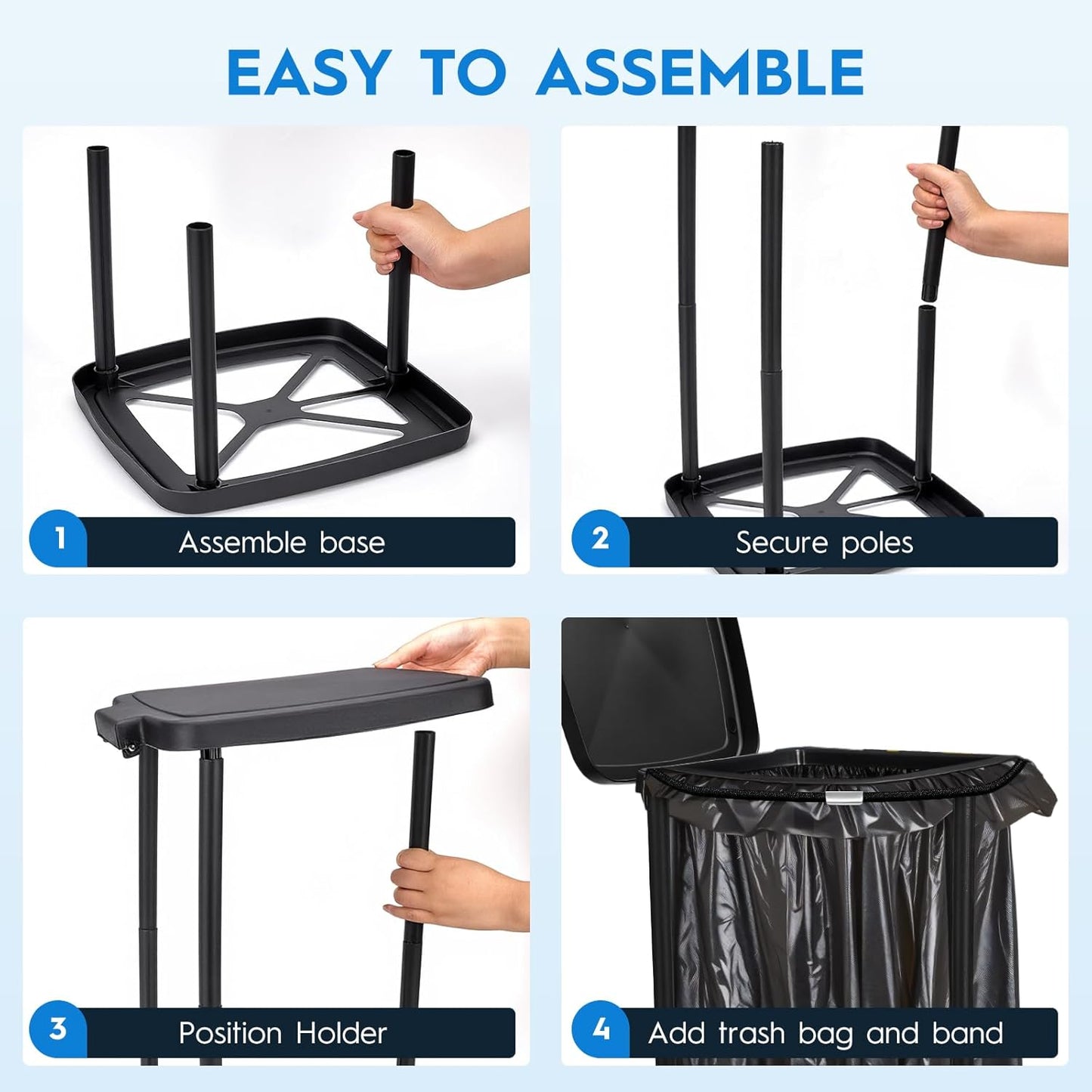 Portable Trash Bag Holder Collapsible Garbage Bin with Lid and Bands, Expandable Indoor Outdoor Trash Can Holder Stand for RV Camping Kitchen, Black