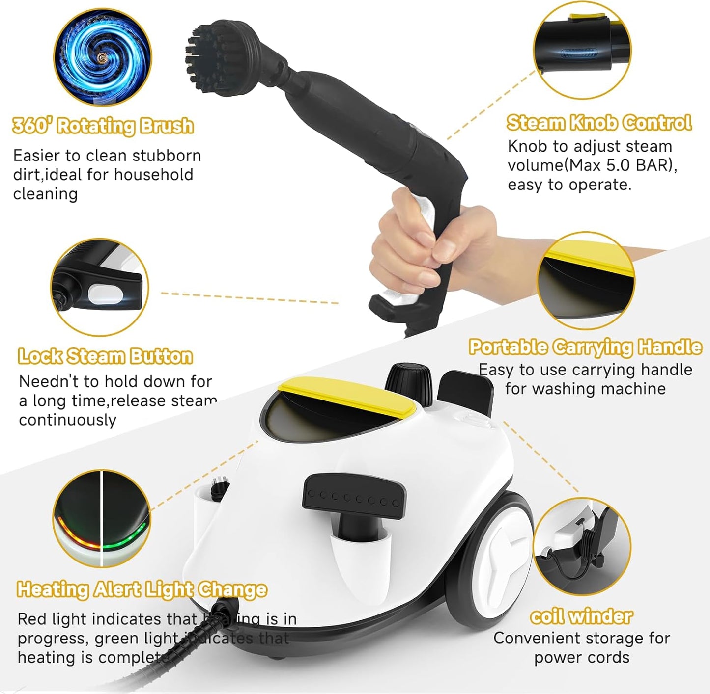 Steam Cleaner, Multipurpose Portable Canister Steamer，Portable Steam Cleaner with 27Accessories, 3 Minutes Fast Heating，for Floors, Windows,Mirrors,kitchens, Glass,Grout and Cars (White)