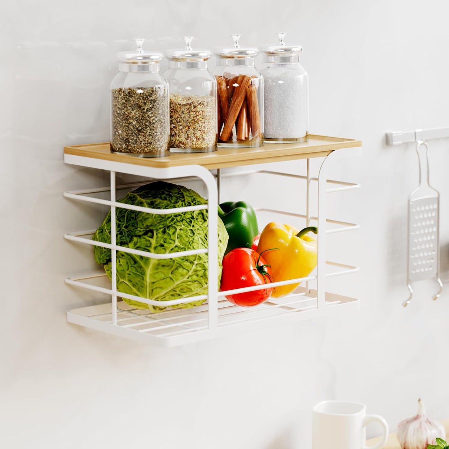 2 Pack Stackable Storage Kitchen Laundry Pantry Organizers,Trash Bag Holder Wall Mount,Garbage Bag Dispenser with Bamboo Top,White Large and Small