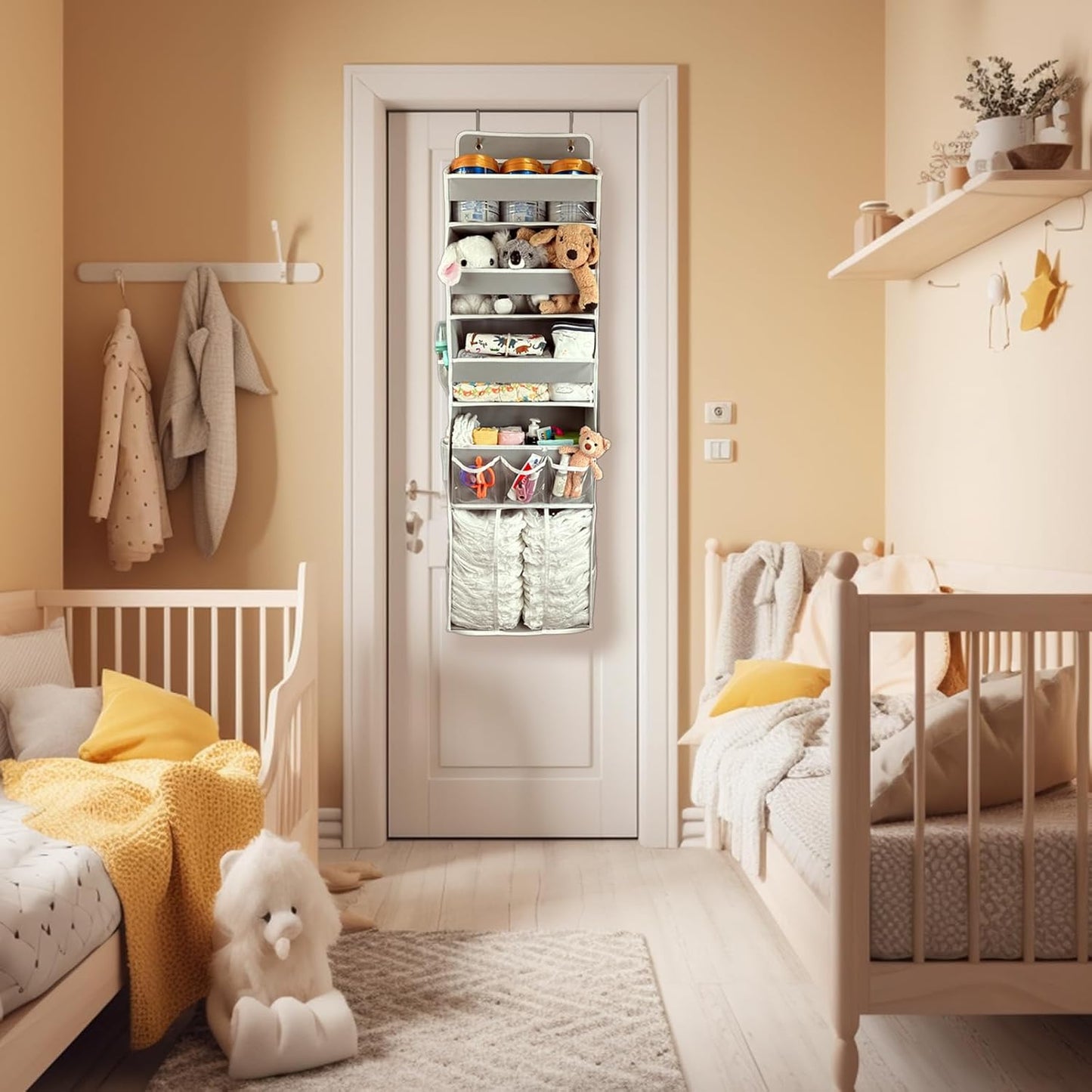 Door Hanging Storage Organizer,with 3 Bins 1 Movable Baby Diaper Caddy,1 Large capacity diaper stacking storage Organizer,10 Side Pockets ,Bedroom Door Storage for Nursery Baby Essentials.Grey 1 Pack.