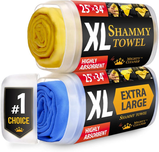 Premium XL Shammy Towel for Car - 2pk (34”x25”) - Super Absorbent Chamois Cloth - Spots & Scratch-Free - Reusable Car Drying Towels
