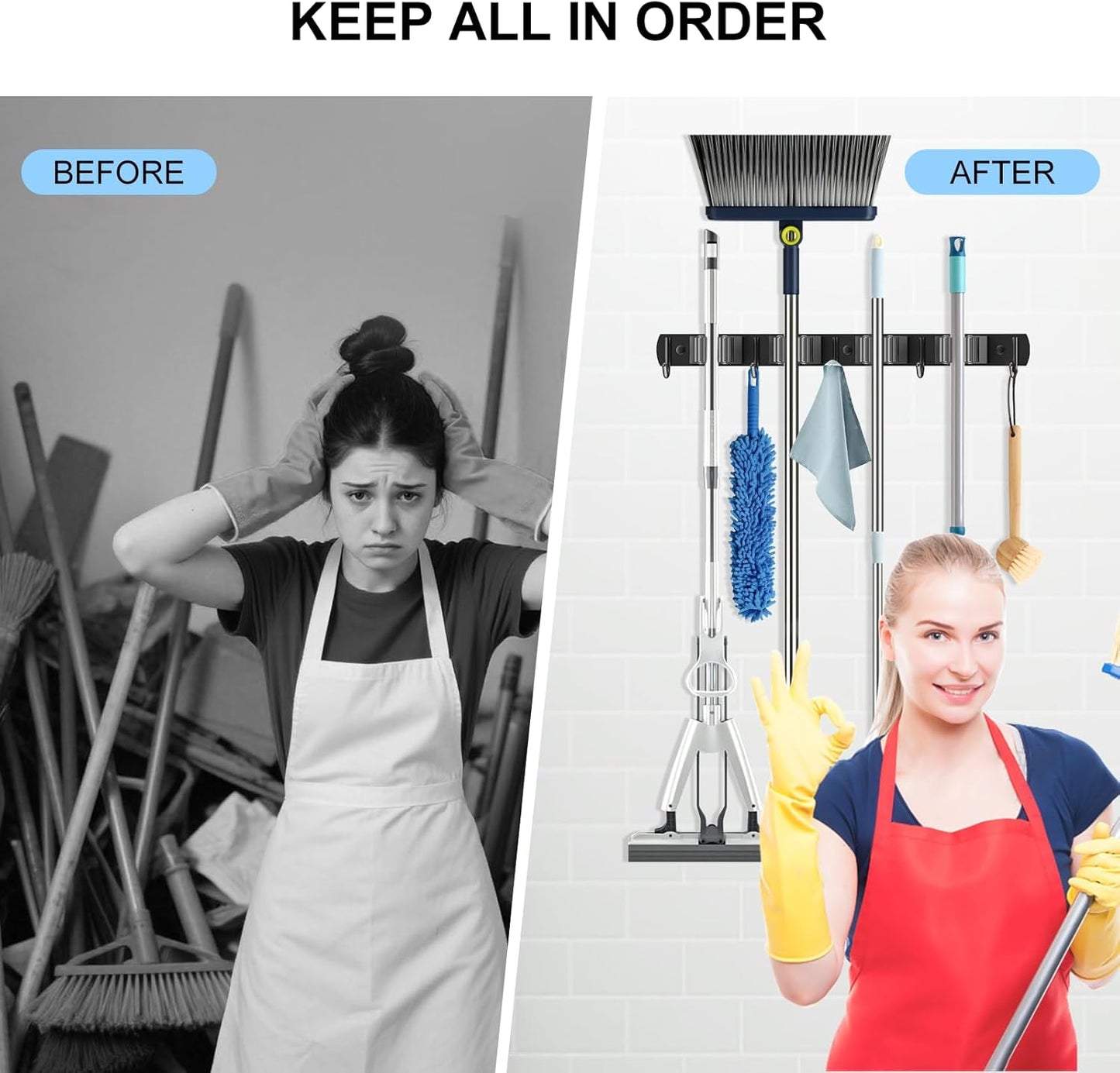 nacena Broom holder Wall Mount, 2-Pack Black Stainless Steel Self-Adhesive Mop and Broom Hooks Heavy Duty Broom and Mop Storage Rack laundry room organization for Kitchen Garden garage