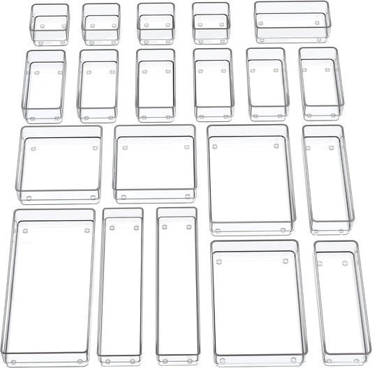 SMARTAKE 20-Piece Drawer Organizer with Non-Slip Silicone Pads, 7-Size Desk Drawer Organizer Trays Storage Tray for Makeup, Jewelries, Utensils in Bedroom Dresser, Office and Kitchen (Clear)