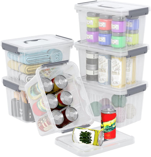 6 Quart Small Clear Plastic Storage Bins with Latching Lids, Storage Latch Box with Handle, 6 Packs