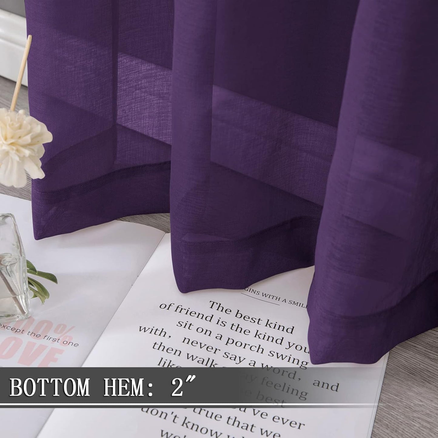 Tollpiz Short Sheer Curtain Linen Textured Living Room Curtains Sheer Light Filtering Rod Pocket Voile Curtain for Bedroom, 42 x 54 inches Long, Royal Purple, Set of 2 Panels