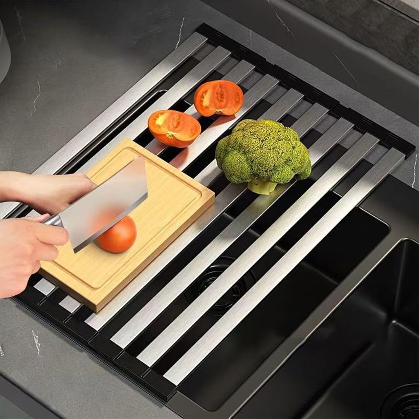 Foldable Dish Drying Rack, Over The Sink Dish Drying Rack ，Dish Drying mat，Dish Drying mats for Kitchen Counter，Stainless Steel Multifunctional mat(16.54×12.8in)