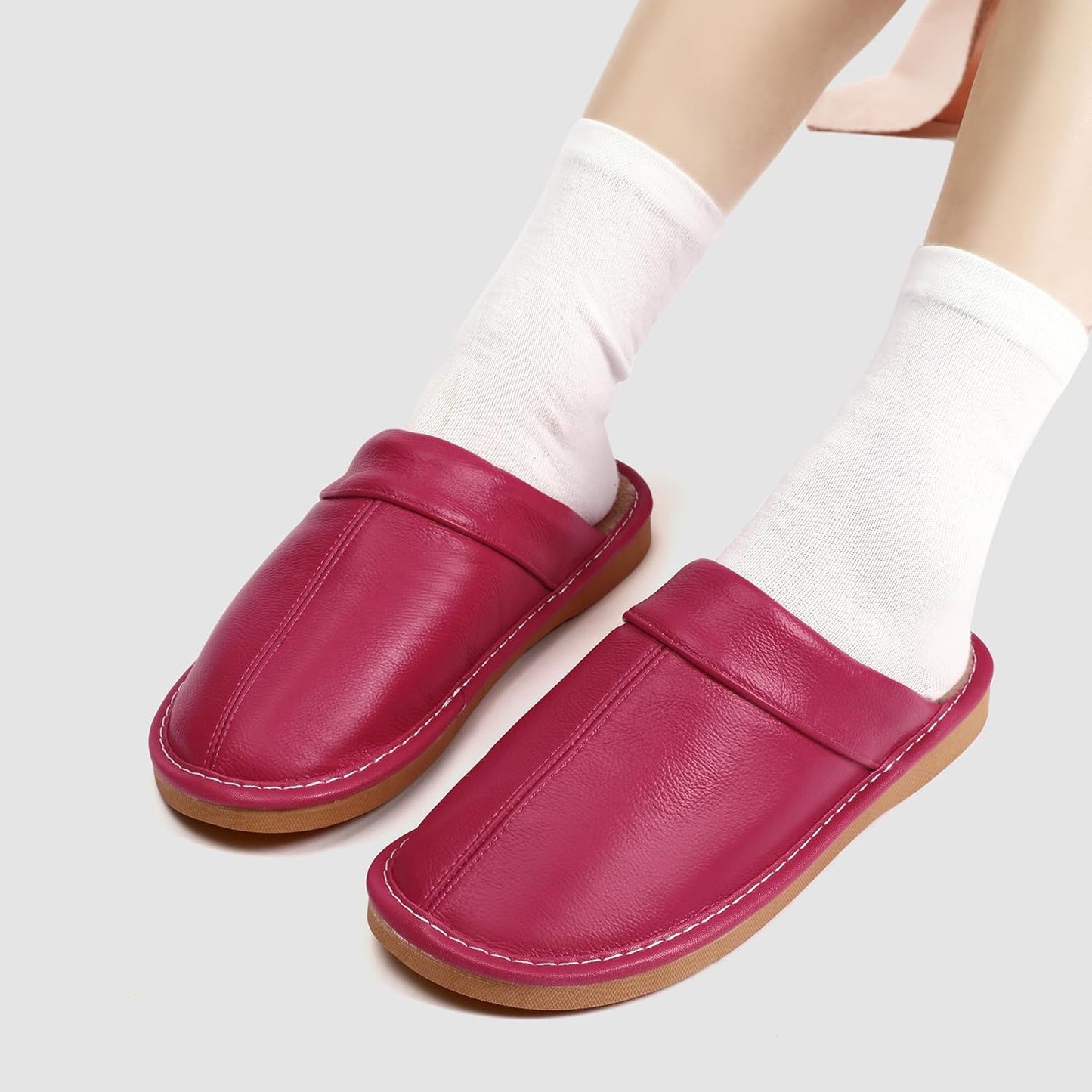 Slippers for Women Men, Genuine Leather Slippers Indoor Outdoor, Fuzzy Bedroom House Shoes for Women Men, Plush Lining Womens Sandals Slip-on