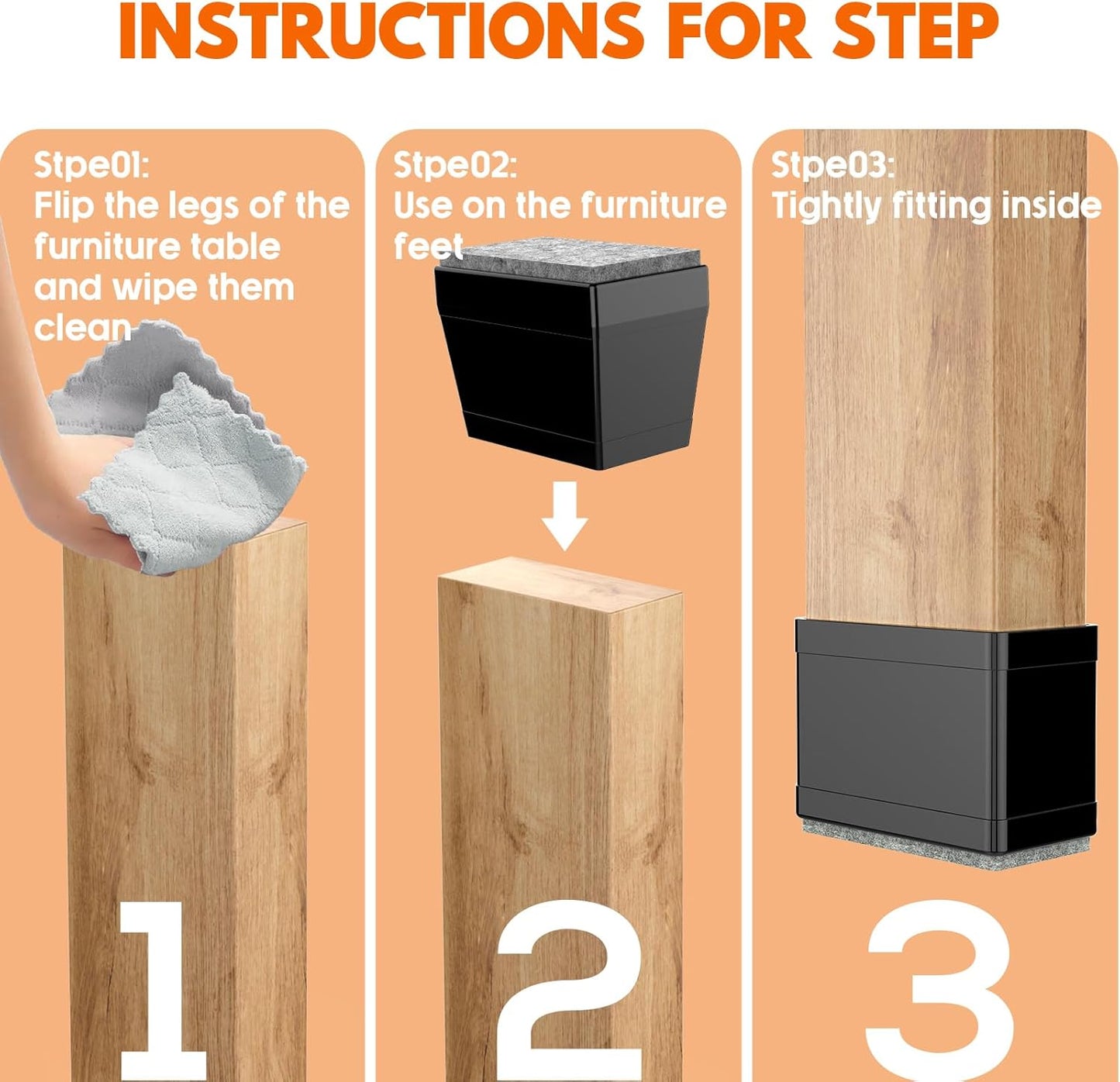 Rectangle Chair Leg Protectors for Hardwood Floors,16 PCS Silicone Covers to Protect Wood Tile Floors Felt Pads Furniture Leg Caps Reduce Noise. Easy to Move. (Black, 0.75 x 1 Inch,Rectangular)