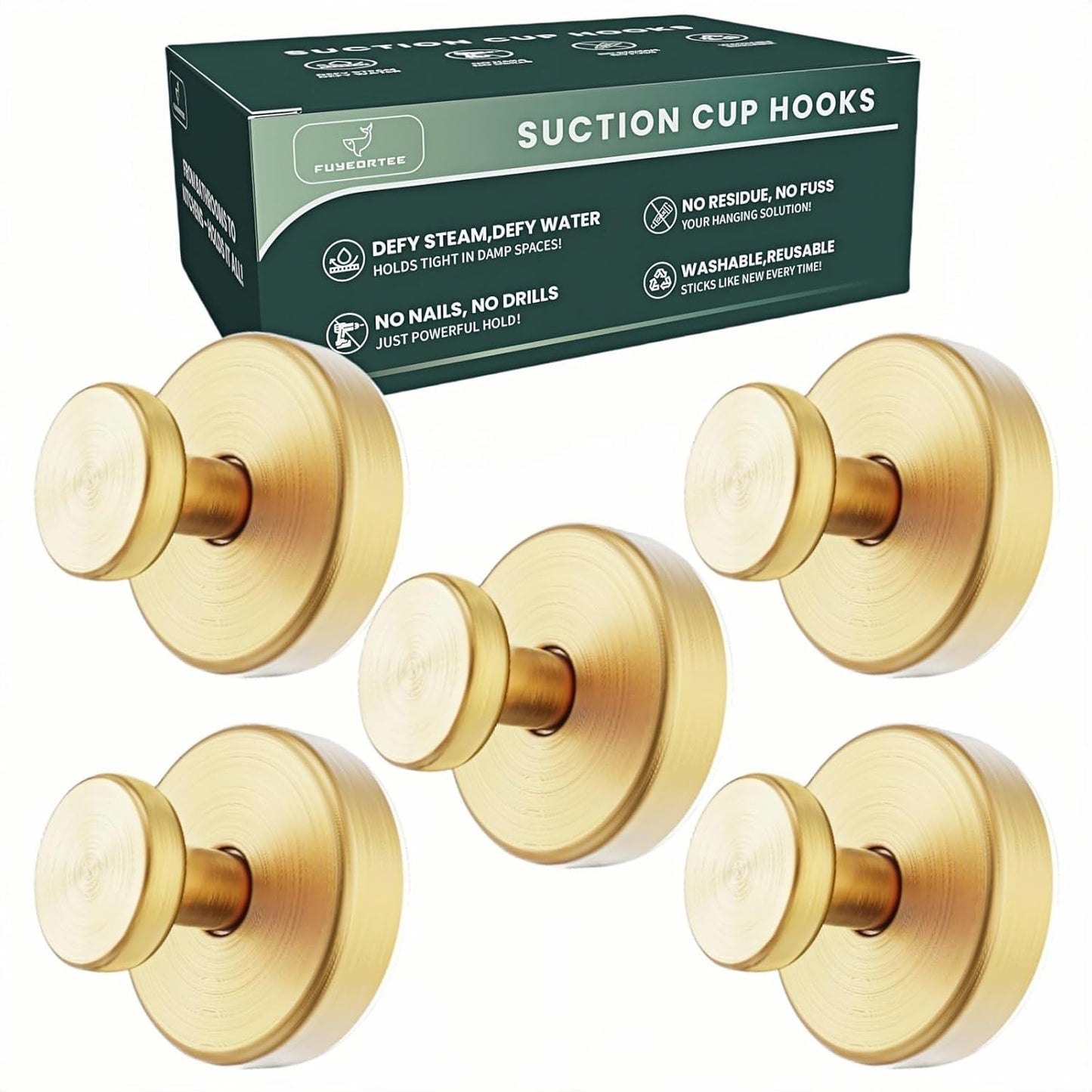 2025 Upgraded Stainless Steel Heavy Duty Suction Cup Hooks for Shower Bathroom Accessories Removable Hook for Glass Window Door Wall Hooks for Hanging Towels Robes Wreaths (Pack of 5, Gold)