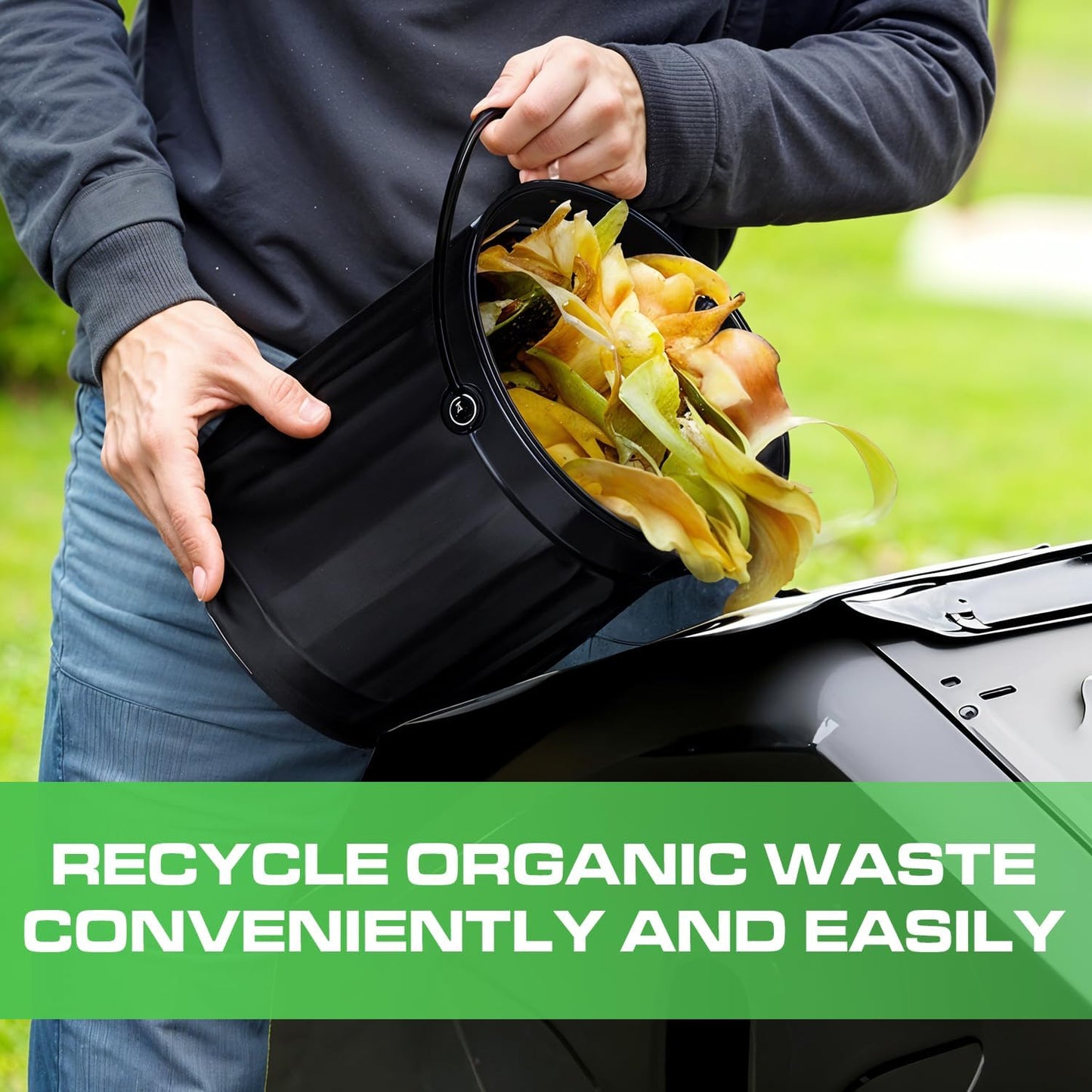 Plexon Countertop Compost Bin Kitchen Indoor with Lid, Black 1.5 Gallon Odorless Kitchen Container, Steel Food Compost Bucket with Charcoal Filter, Compost Pail for Countertop