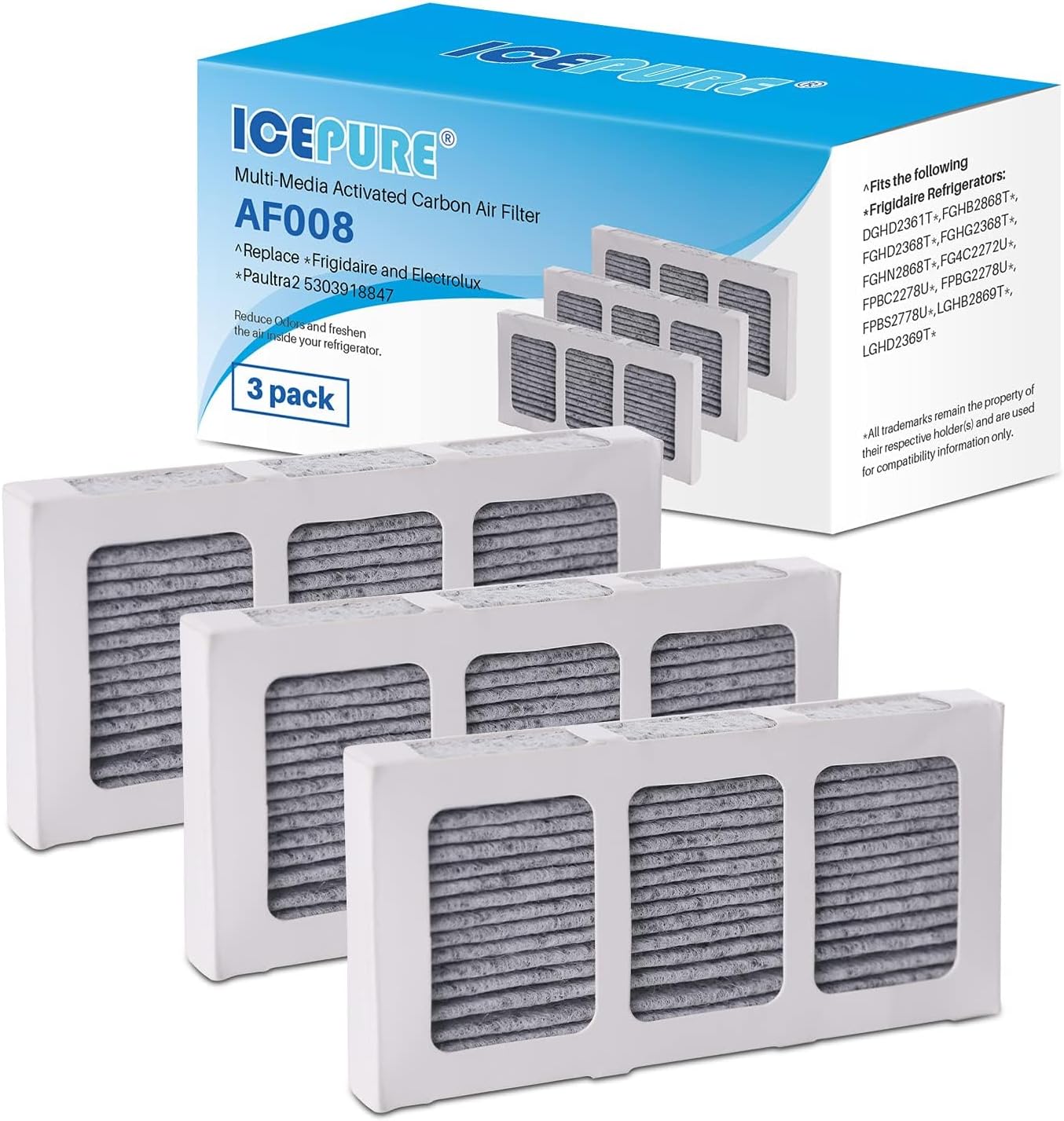 ICEPURE AF008 Compatible with Pureair Ultra 2 Refrigerator Air Filter, Pure Air Ultra 2, Pureair Ultra ii, Electrolux 242047805, 5303918847, PAULTRA2, PD00044143, PS12364179, EAP12364179, 3PACK