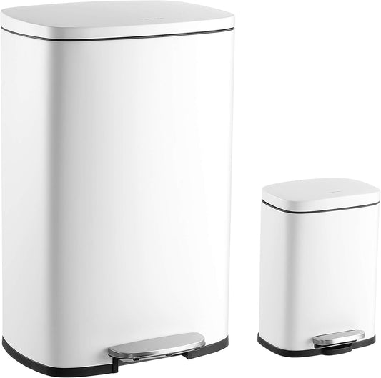 happimess HPM1006C Connor Rectangular Trash Can with Soft-Close Lid and Free Mini Trash Can, Modern Fingerprint Proof for Home, Kitchen, Office, Large:12.98 Gallon Small:1.3 Gallon, White