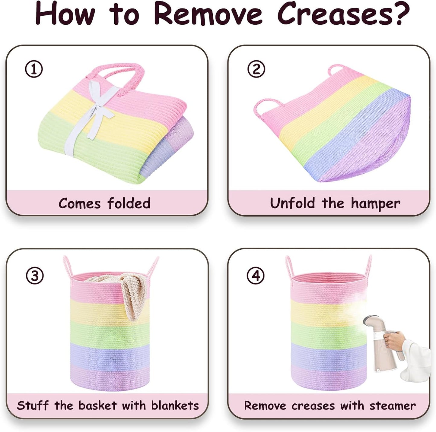 VIPOSCO Large Laundry Hamper, Tall Woven Rope Storage Basket for Blanket, Toys, Dirty Clothes in Living Room, Bathroom, Bedroom - 58L Rainbow