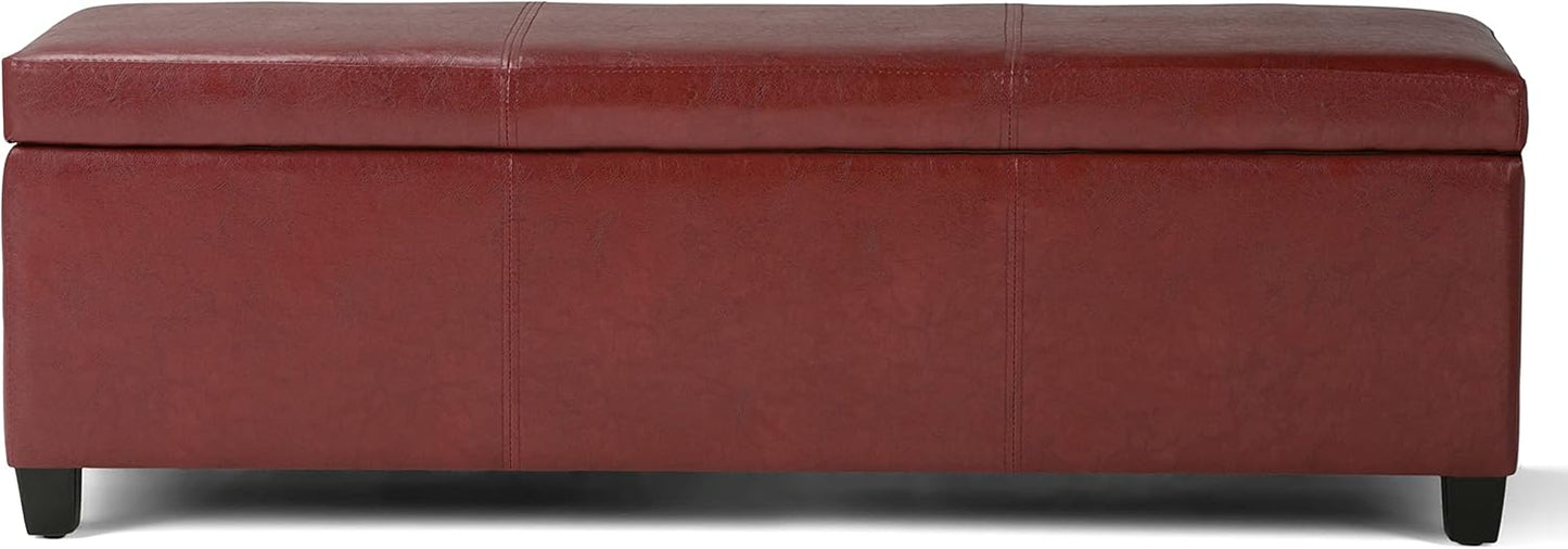 SIMPLIHOME Avalon 48 inch Wide Contemporary Rectangle Storage Ottoman Bench in Red Vegan Faux Leather, Assembled, for the Living Room, Entryway and Family Room