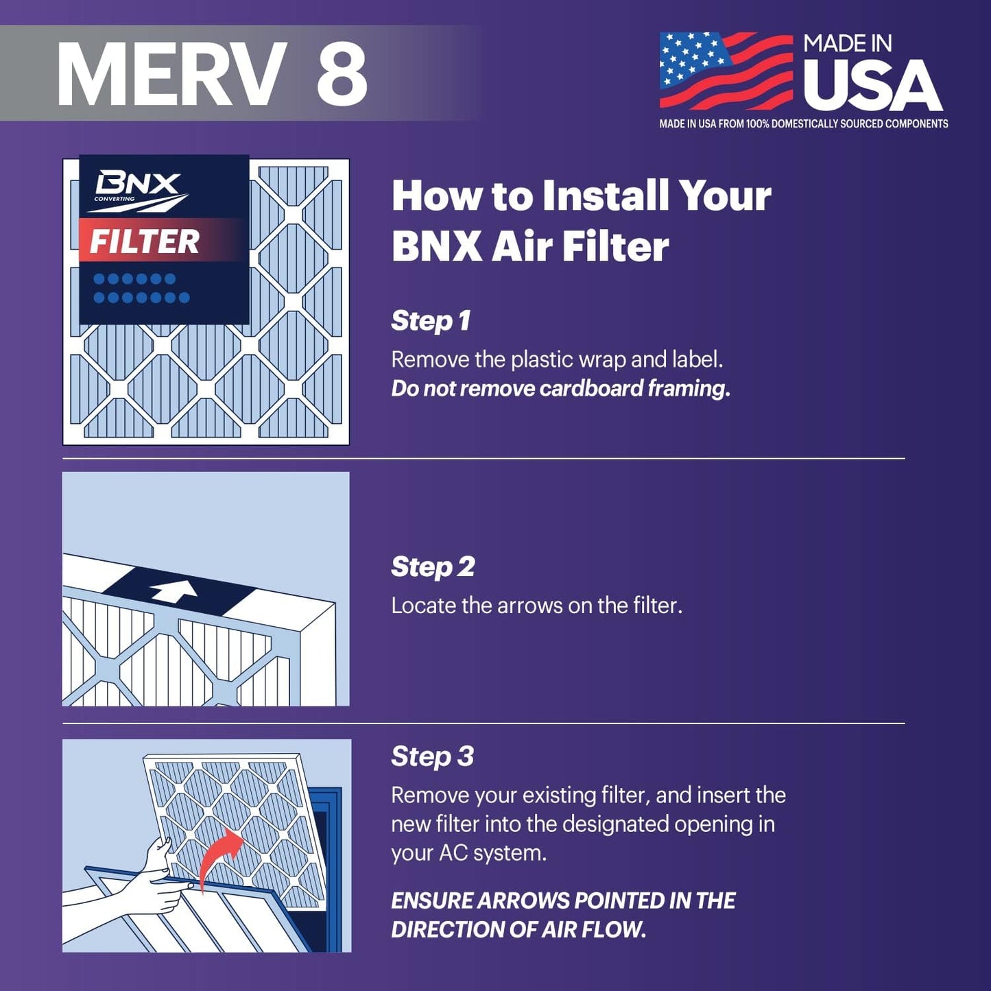 BNX TruFilter 16x20x1 Air Filter MERV 8 (6-Pack) - MADE IN USA – Dust & Pet Defense Electrostatic Pleated Air Conditioner HVAC AC Furnace Filters for Dust, Pet, Mold, Pollen MPR 600 – 700 & FPR 5