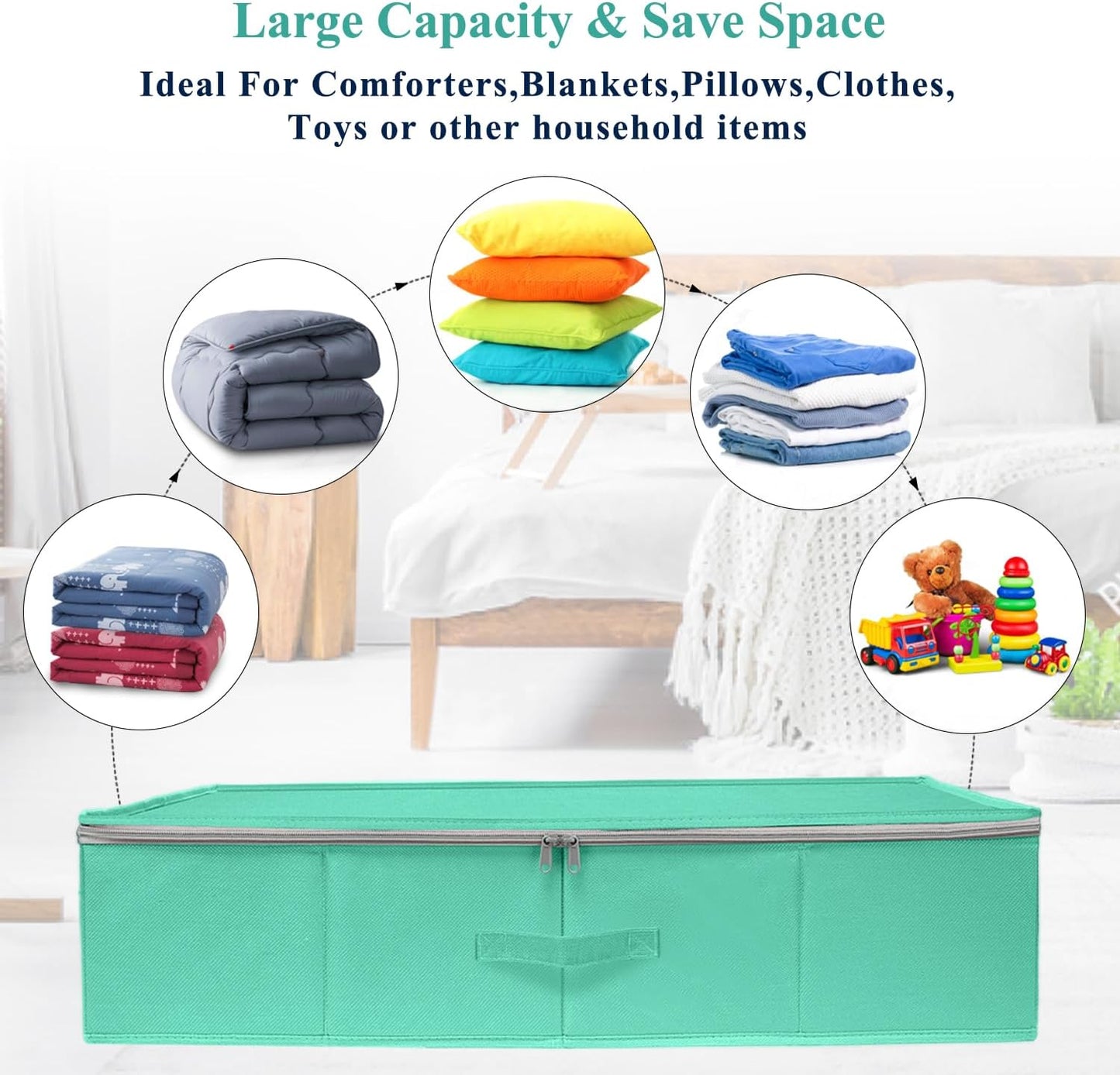 punemi 2-Pack Under Bed Storage Containers, 6.7 Inches Tall Underbed Clothes Storage Organizer Bin with Sturdy Sidewalls/Bottom, Underbed Storage Bins 2 Storage Thin Bins with Handles, Teal Blue