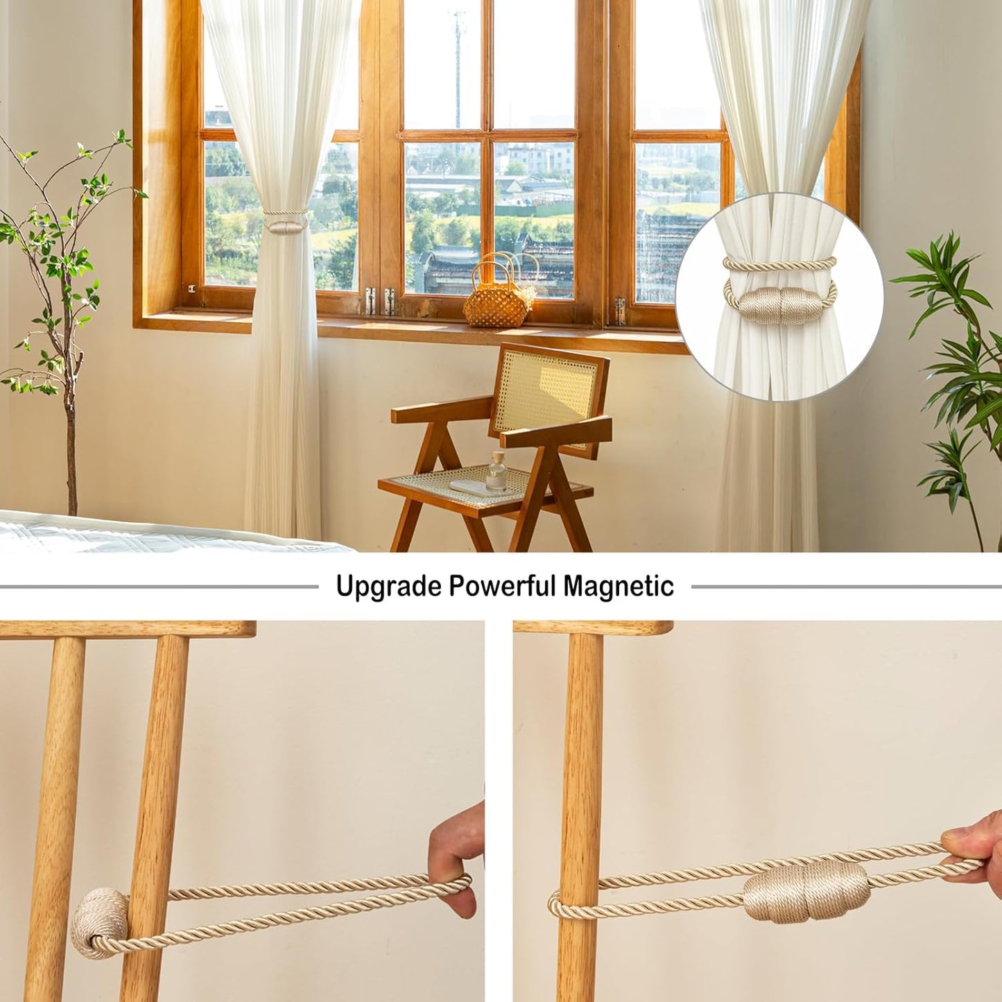 Magnetic Curtain Tiebacks - Rope Tiebacks for Curtains & Drapes, Decorative Window Holdbacks (6 Pack, Beige)