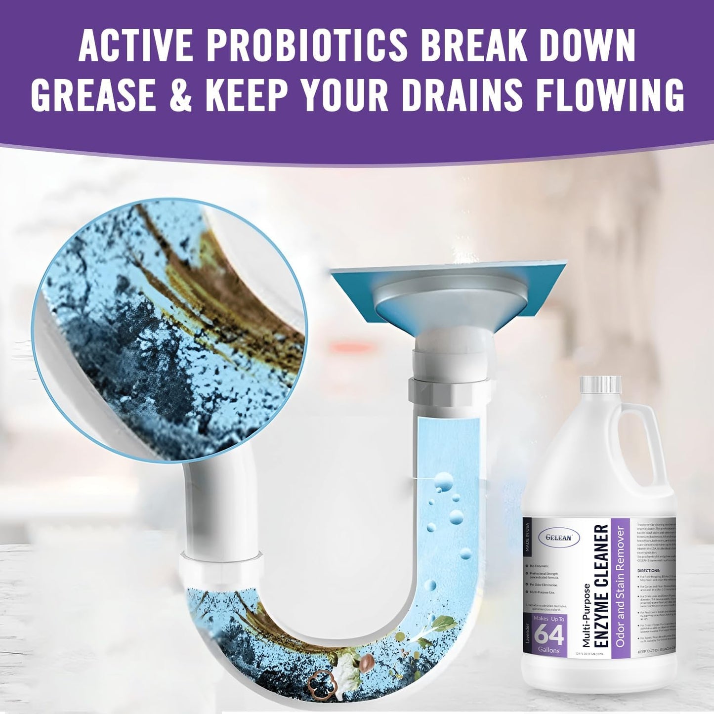 Multi-Purpose Probiotic Enzyme Cleaner, Made in USA - Pet Stain and Odor Remover - Concentrated - Professional & Home Strength Drains, Floors, Bathrooms, Toilets Trash Can, (1 gallon, Lavender)