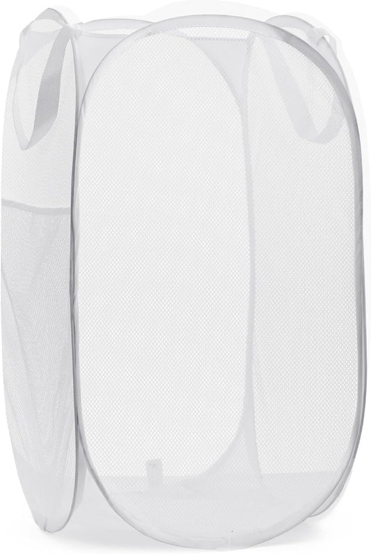 Handy Laundry Collapsible Mesh Pop Up Hamper with Wide Opening and Side Pocket - Breathable, Sturdy, Foldable, and Space-Saving Design for Clothes and Storage (White)
