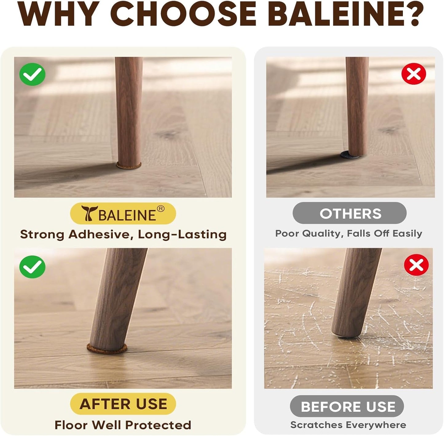 BALEINE 141PCS Felt Furniture Pads, Multi-Size Felt Pads for Chair Legs, Tables, Beds, Scratch-Reducing Floor Protectors for Hardwood Floors, Tile, Vinyl, and Laminate (141PCS, Brown)