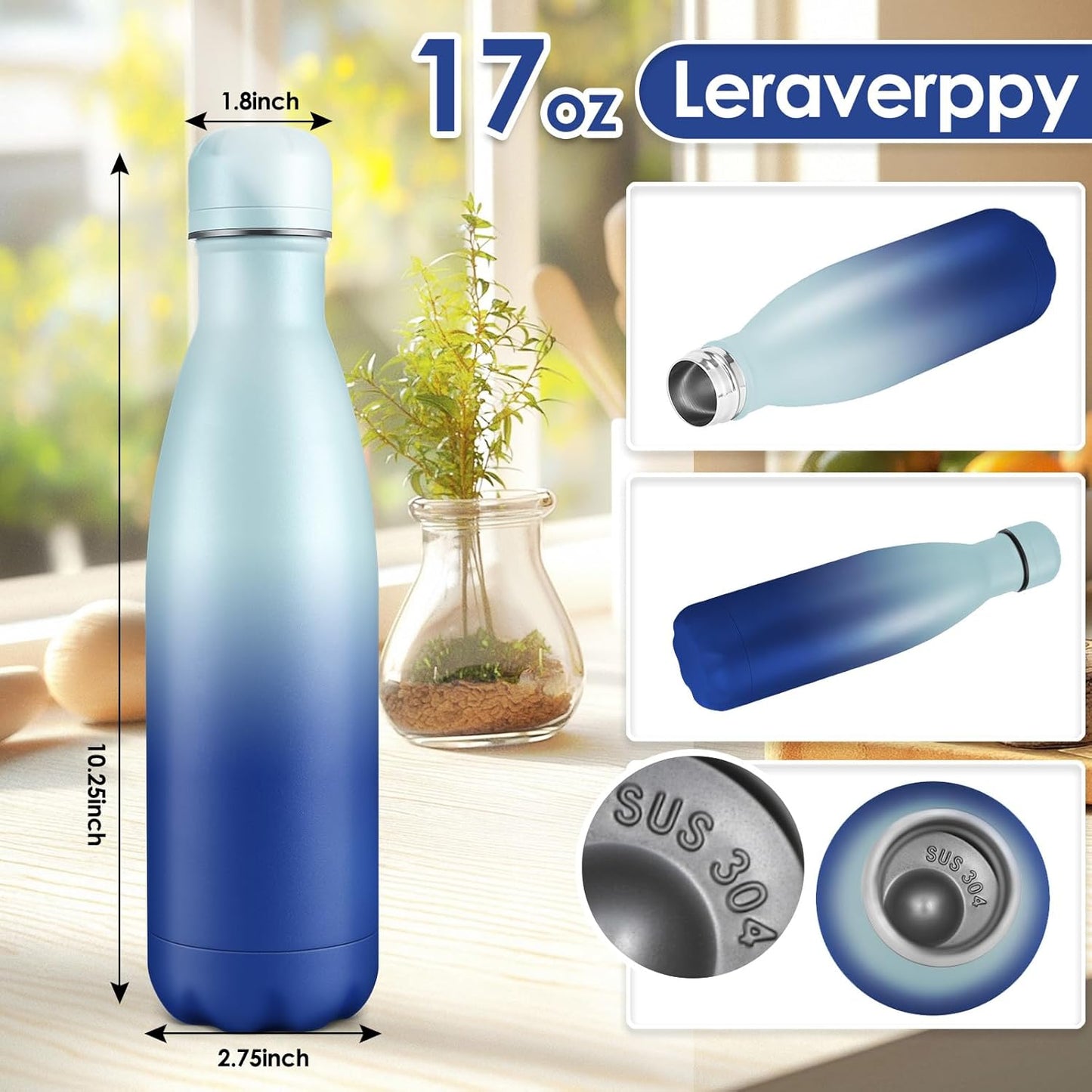 17oz Cola-Bottle Shaped Stainless Steel Leak-proof Water Bottle,Double Wall Vacuum Insulated Metal,Travel Mug For Sports Indoors & Outdoors,BPA-Free Kids Flasks,Green Blue(1 Pack)