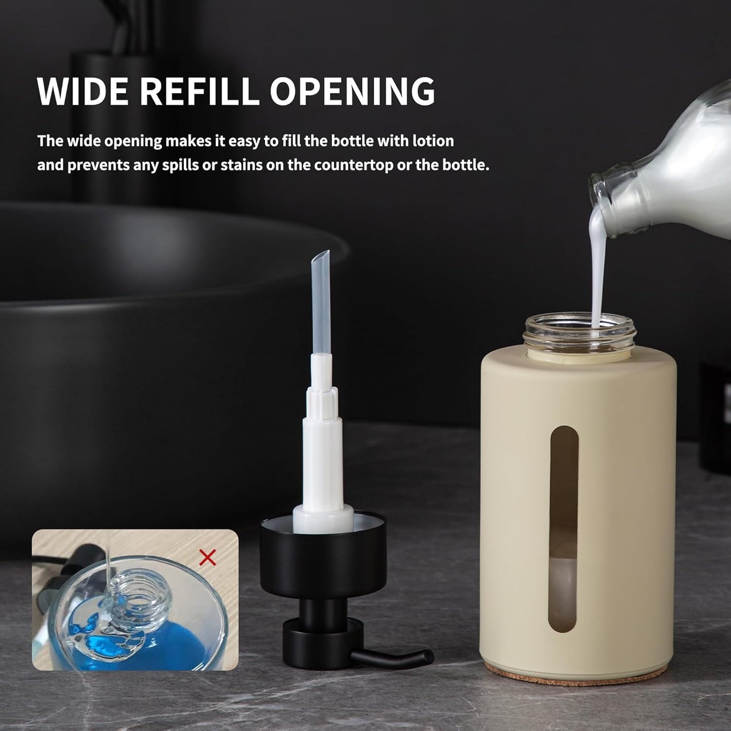 Enra Glass Lotion Dispenser with Window,12oz Bathroom Soap Dispenser Stainless Steel Lotion Hand Pump, Boho Liquid Soap Dispenser Countertop Lotion Bottle for Bathroom(Beige)