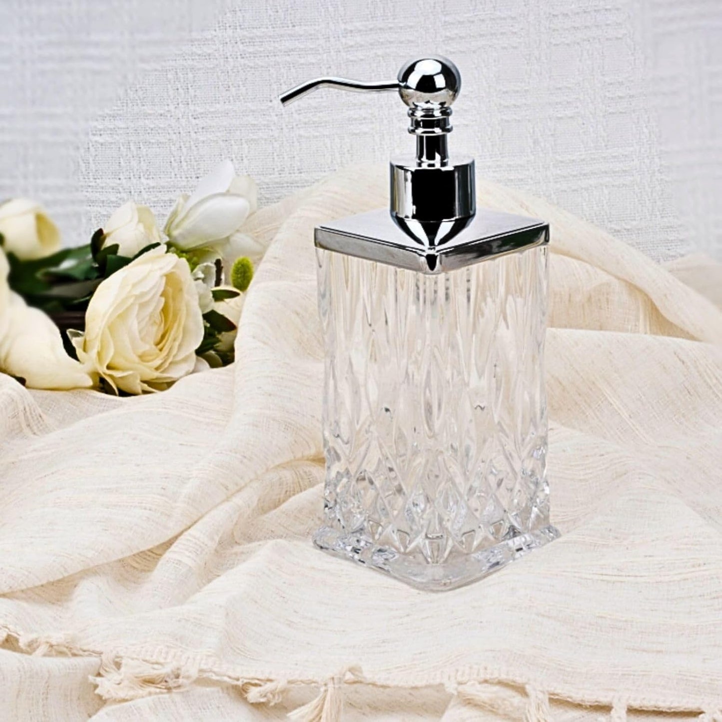 10Oz Clear Glass Soap Dispenser,Handcrafted Lead-Free Glass,Hand Sanitizer Dispenser with Silver Pump for Kitchen and Bathroom,Elegant Bathroom Decor(Square)