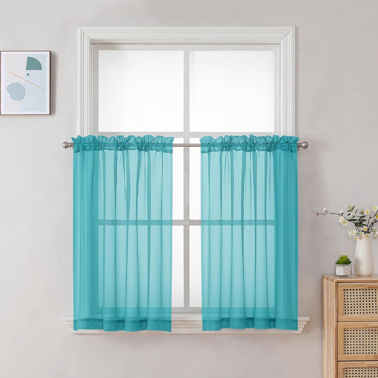 Chyhomenyc Turquoise Sheer Curtains 30 inch Length 2 Panels, Light Filtering Voile Rod Pocket Short Window Curtians for Bathroom Living Room Farmhouse Small Windows, 42Wx30L inches