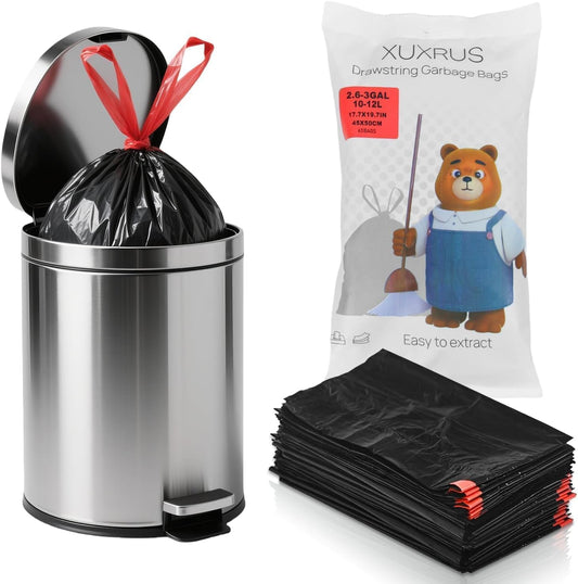 XUXRUS 2.6-3 Gallon Black Bathroom Drawstring Trash Bags - 60 Count Folded Small Garbage Bags, Tear-Resistant & Leak-Proof, Odor Control Liners for Bathroom, Kitchen, Office – Heavy Duty Trash Bags