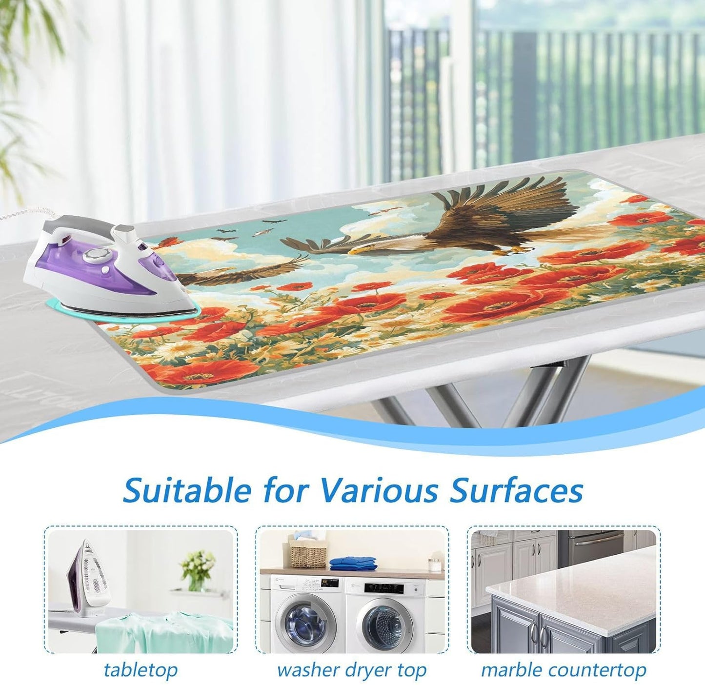Vivid Poppy Wildflowers and Eagles Ironing Mat Thickened Ironing Blanket Travel Portable Double-Side Using Ironing Pad Travel Isolate Heat Pad Cover for Washer Dryer Table Top Countertop 27.6x4