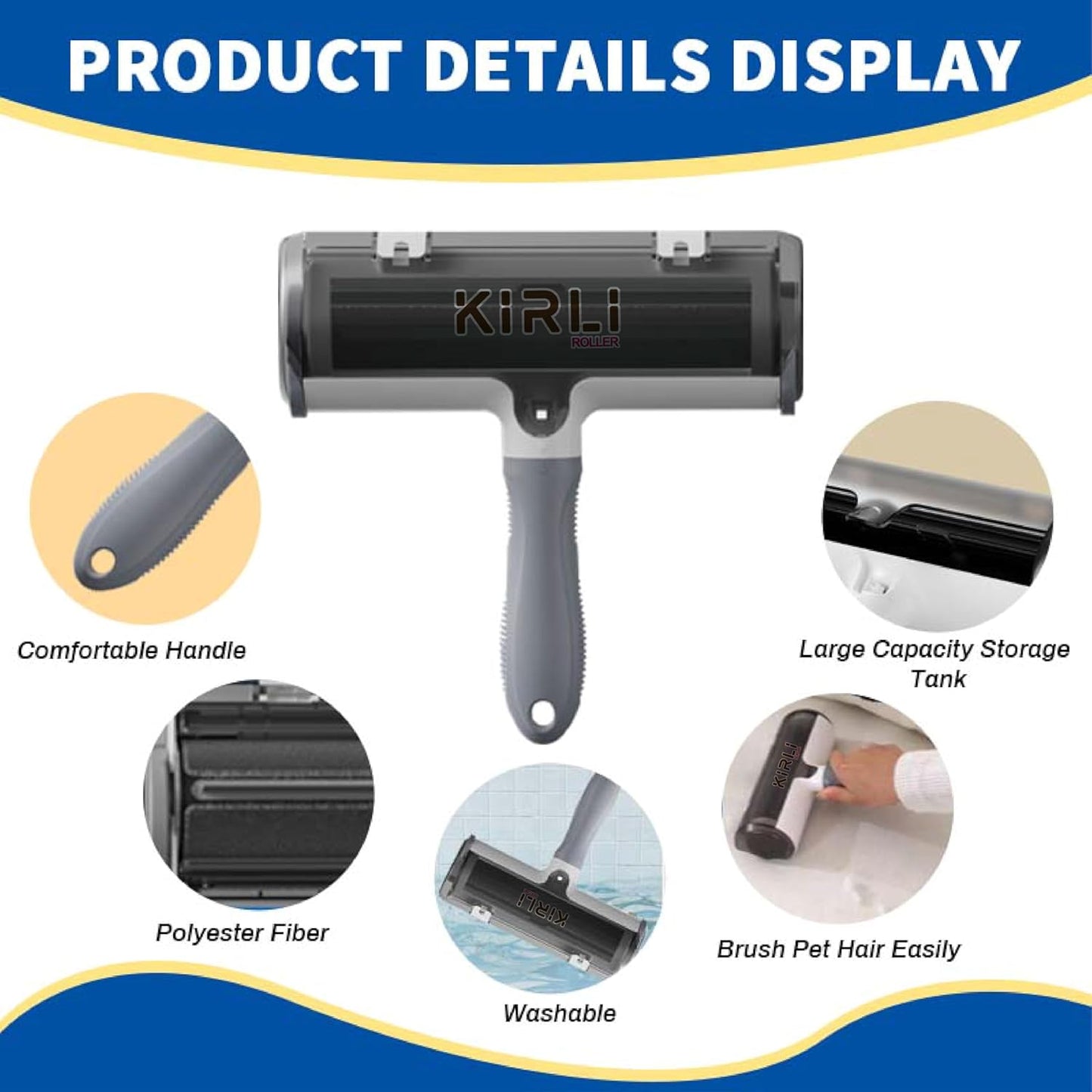 KIRLI Roller Pet Hair Remover and Reusable Lint Roller – Furniture, Couch, Carpet, Clothing and Bedding Cat and Dog Hair Remover – Portable Multi-Surface Fur Removal Tool (Gray)