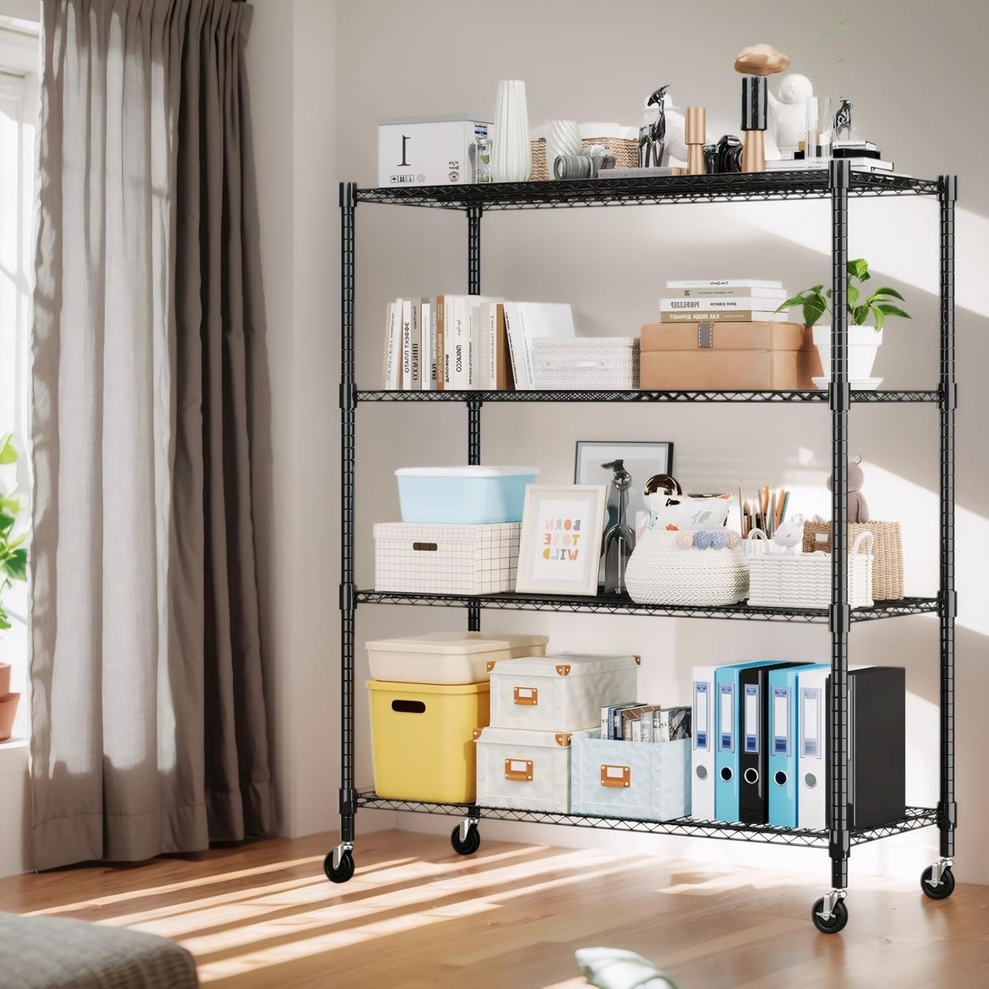 Himimi Storage Shelves 60" W Wire Shelving with Wheels 2600LBS Heavy Duty Metal Shelves for Storage, 4-Tier Adjustable Wire Rack Shelving Garage Shelving Kitchen Storage Shelves 24" Dx60 Wx72H, Black