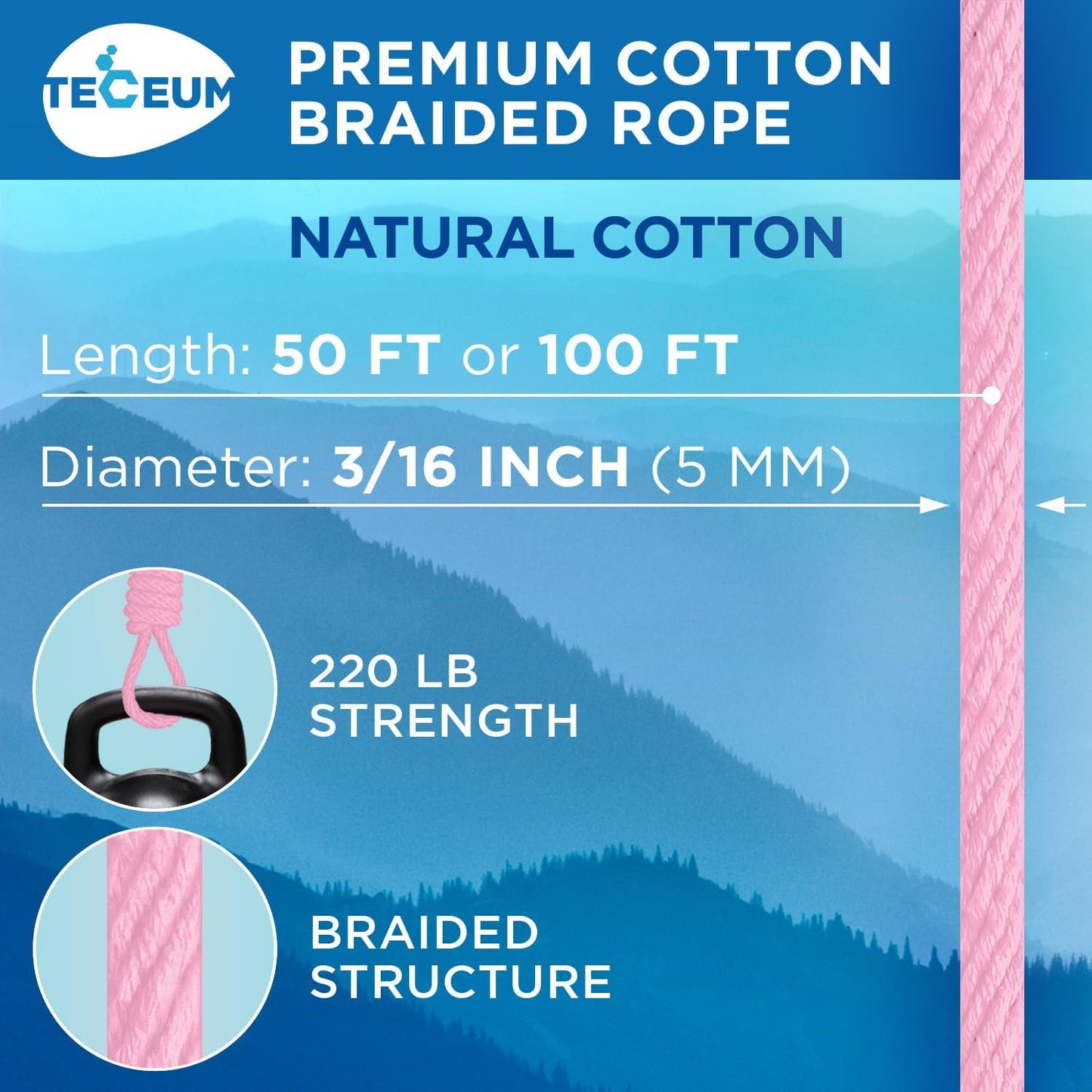 TECEUM Cotton Rope 3/16” (5 mm) – 100 FT – Strong All-Purpose Braided Rope – Natural Cotton – for Crafting, Сamping, Clothes Line, DIY, Indoor & Outdoor Use – Pink