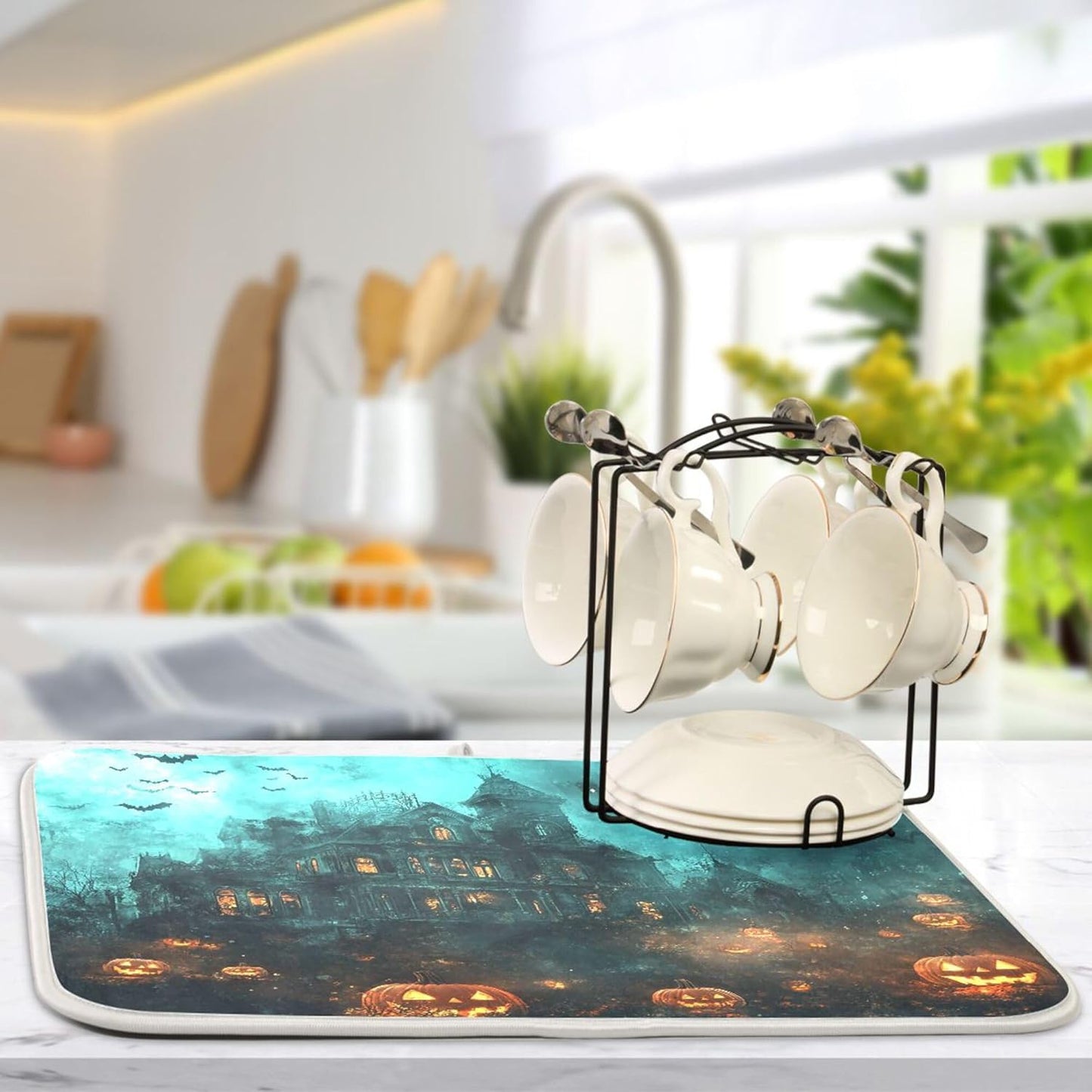 Halloween Castle Dish Drying Mat for Kitchen Countertop 16x18 Spooky Witch Pumpkin Lantern Small Drying Mat Reusable Quick Dry Dish Sink Mats Easy Clean Decorative Essentials